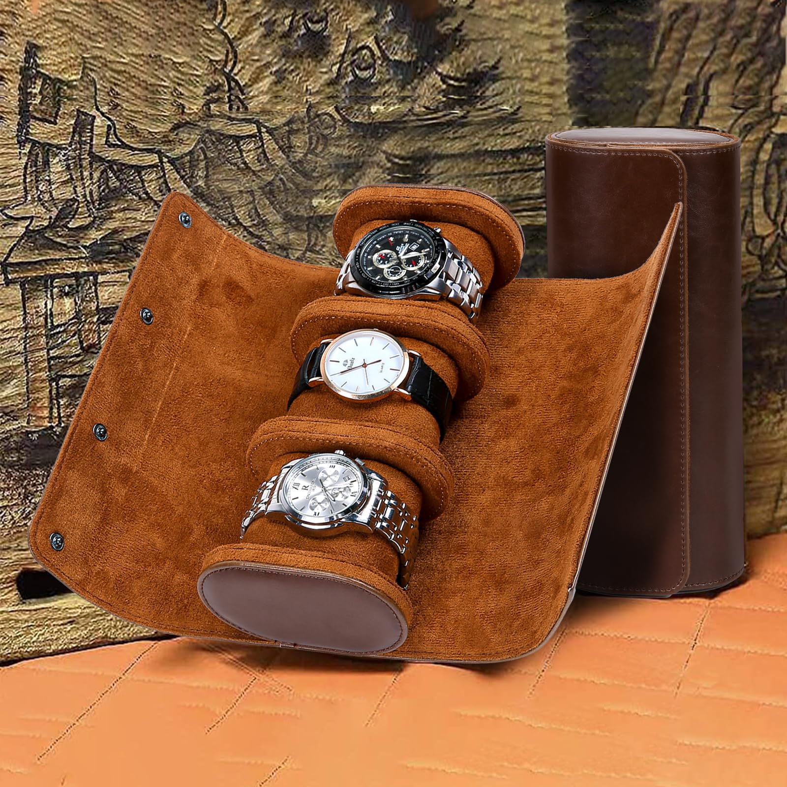 BAIGIO Boîte à montres cylindrique à 3 fentes Boîte à bijoux Boîte de rangement Boîte à montres Étui de voyage pour montres à roulettes Étui à montres vintage pour hommes et femmes