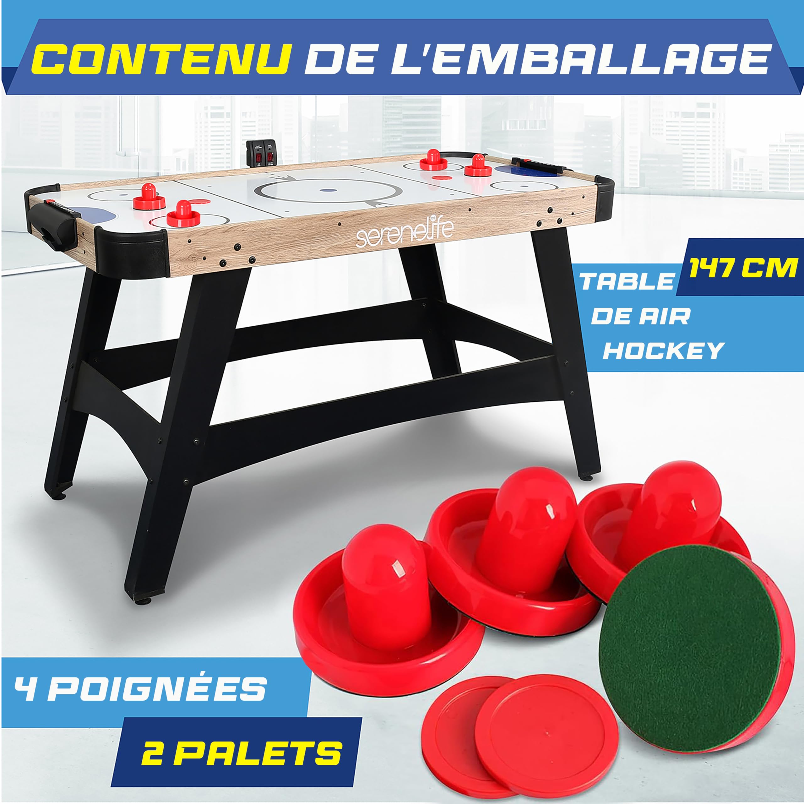 SereneLife Table de Air Hockey avec Soufflerie, Jeu de Hockey sur Table pour Enfants et Adultes avec Palets et Poignées