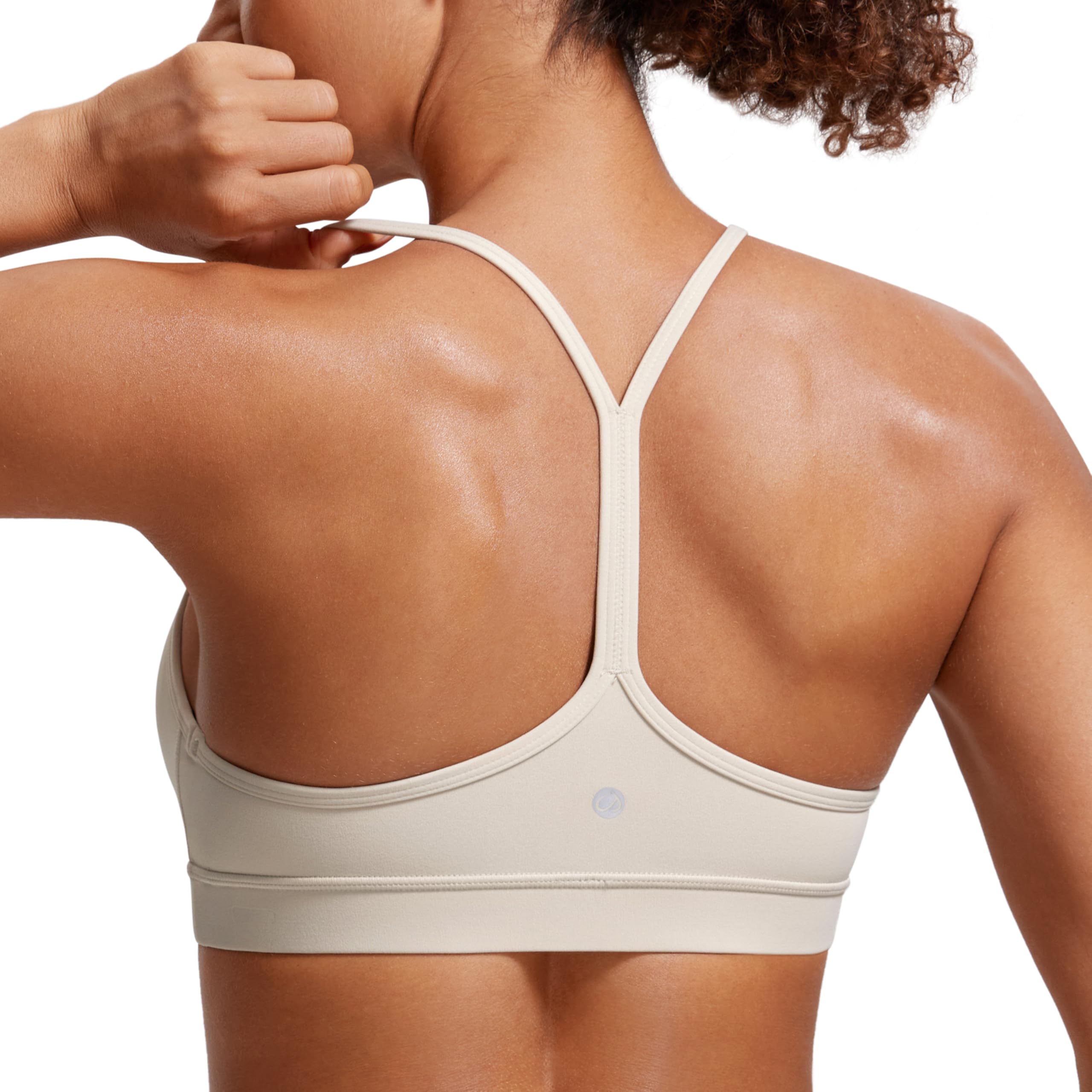 CRZ YOGA Women's Butterluxe Padded Sports Bra - Low Impact Y Back Strappy Bra Racerback Spaghetti Straps Gym Yoga Bras Mojave Tan XS