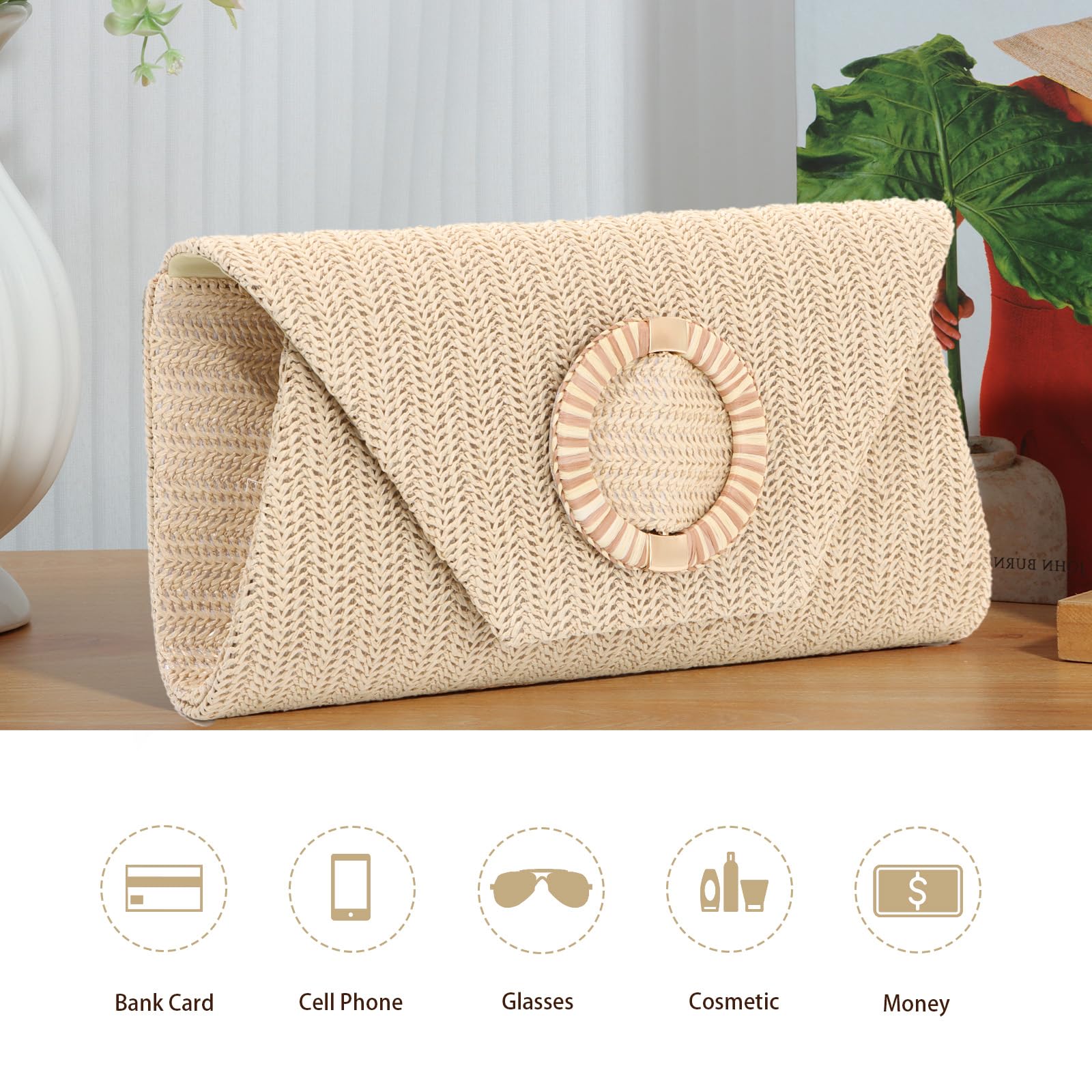 BWBIKE Bolso de Mano Tejido de Rrafia para Mujer - Elegante Bolso Bandolera de Paja para Verano, Playa, Bodas y Fiestas Formales, Bolso de Mano Tipo Sobre con Cadena Extraíble