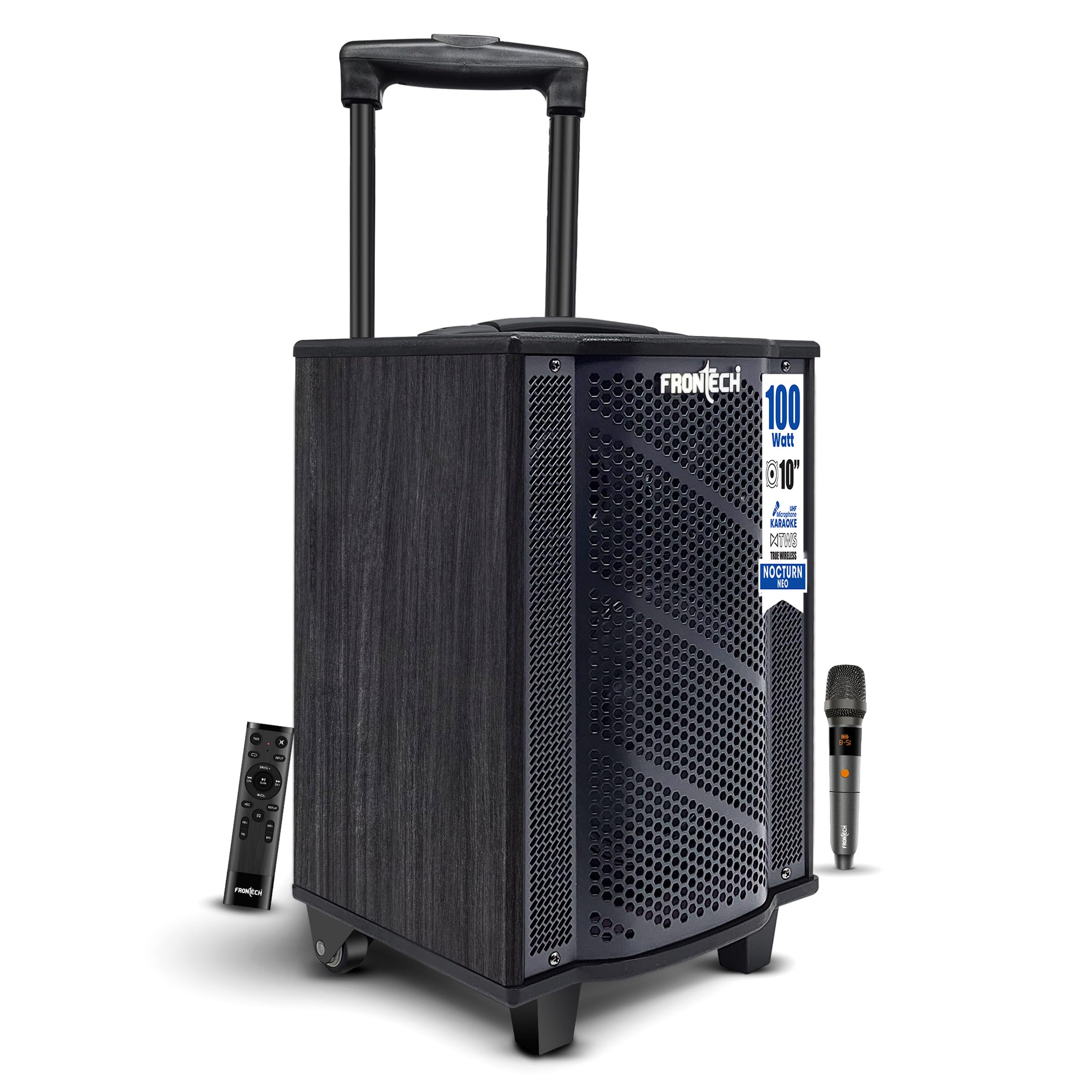 frontech nocturn neo trolley speaker | 100w powerful sound | wireless microphones | usb/tf/bluetooth/fm | guitar & mic input | rechargeable battery (sw-0225, black)