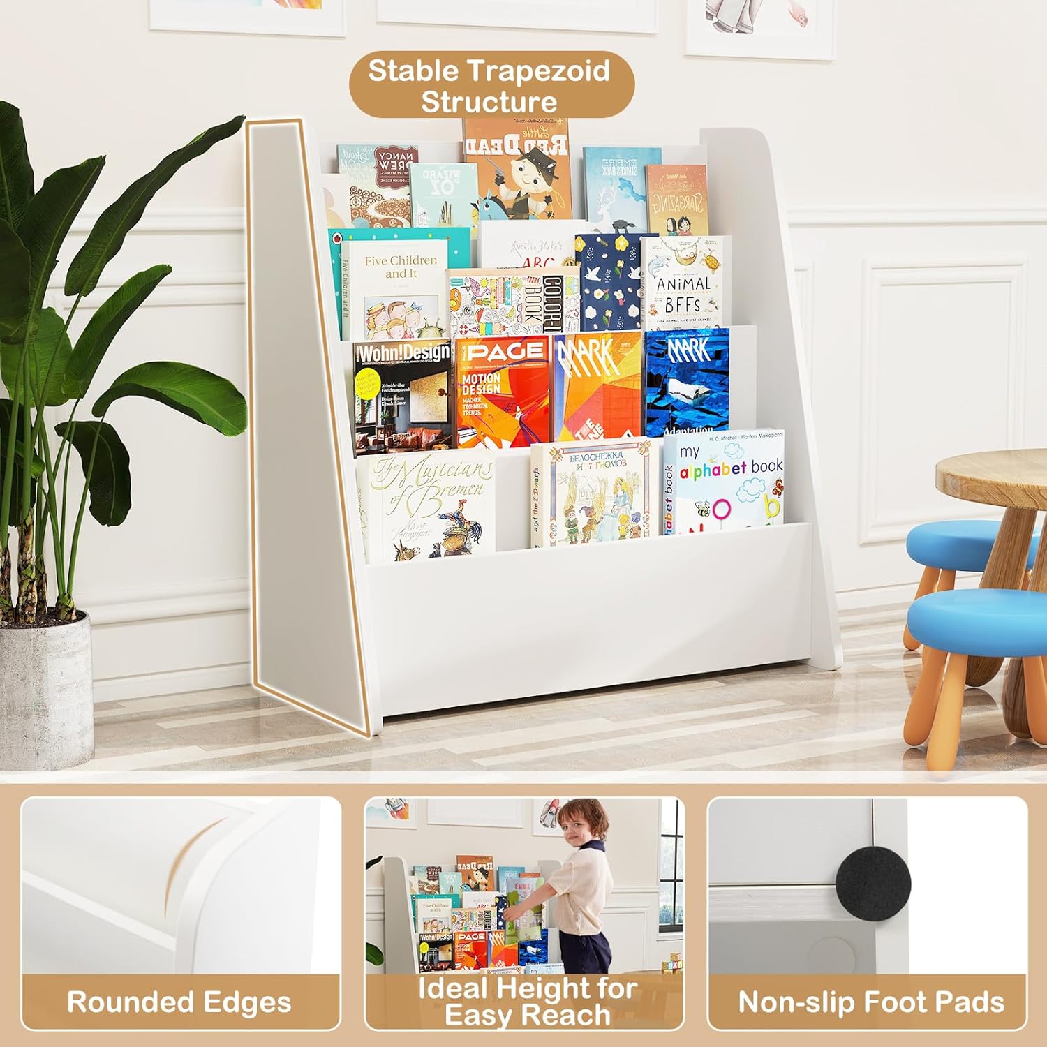 HONEY JOY Kids Bookshelf, 4-Tier Wooden Toddler Bookcase, Children Book Rack & Magazine Display Shelf, Toy Storage Organizer, Book Shelf for Kids Rooms, Playroom, Nursery, Classroom (White)