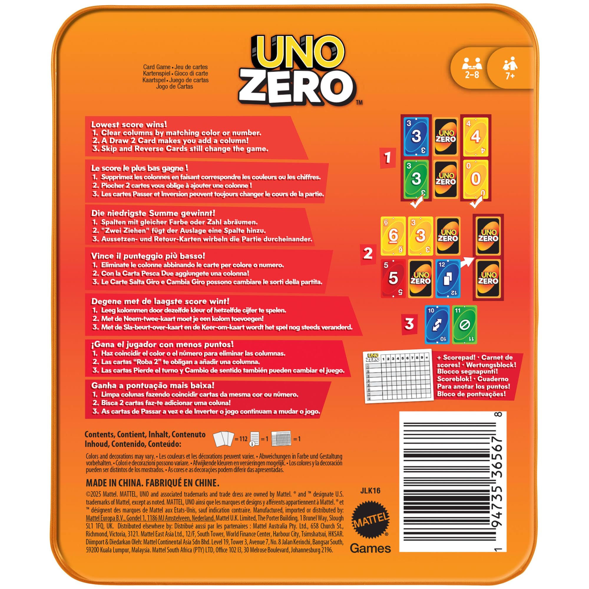 Mattel UNO Zero Gra karciana na wieczór gier dla dzieci, dorosłych i rodzin; karty do gry, talia i notes do obliczania wyników, od 2 do 8 graczy od 7 roku życia, JLK16