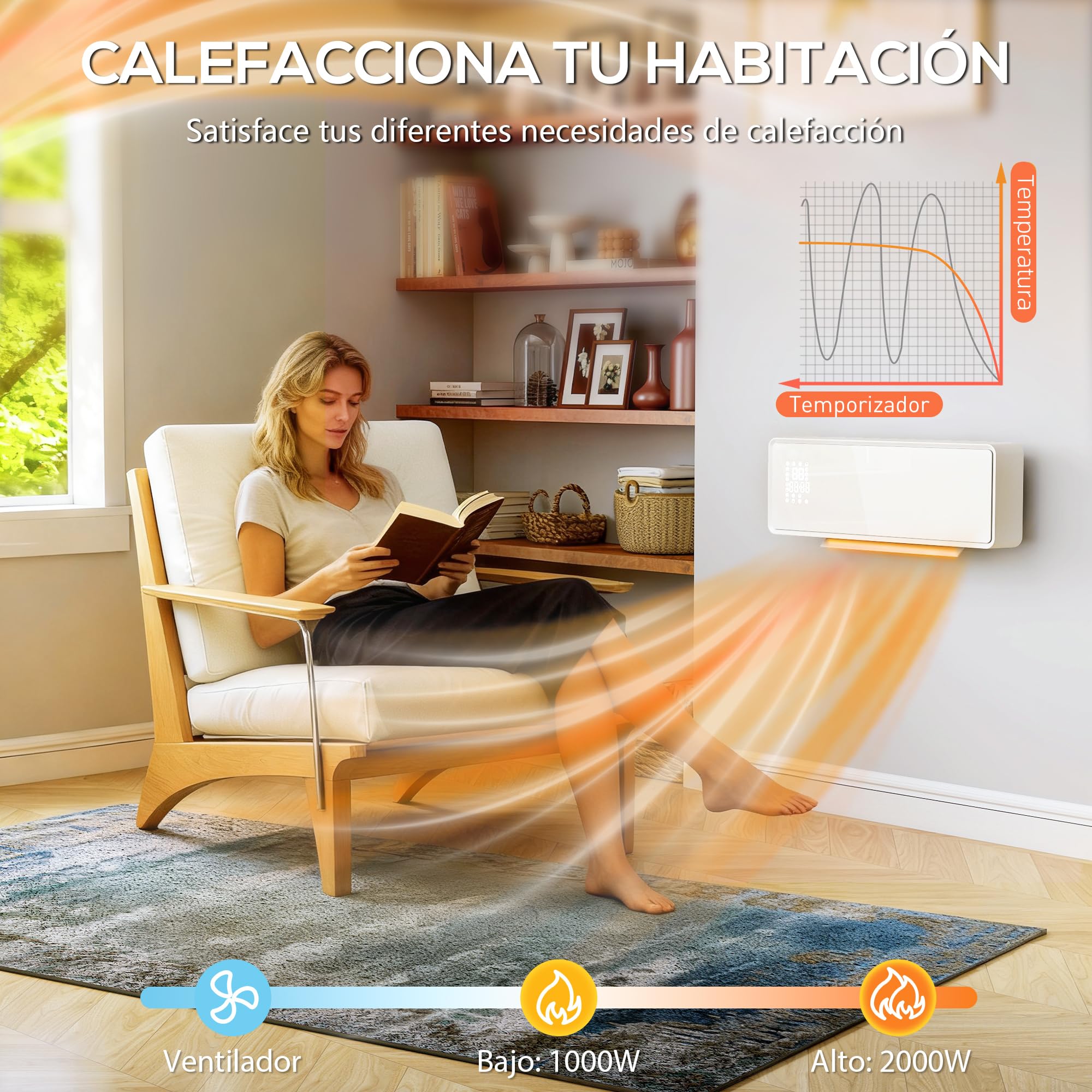 HOMCOM Calefactor Eléctrico Bajo Consumo Cerámico de Pared 2000W, 3 Modos