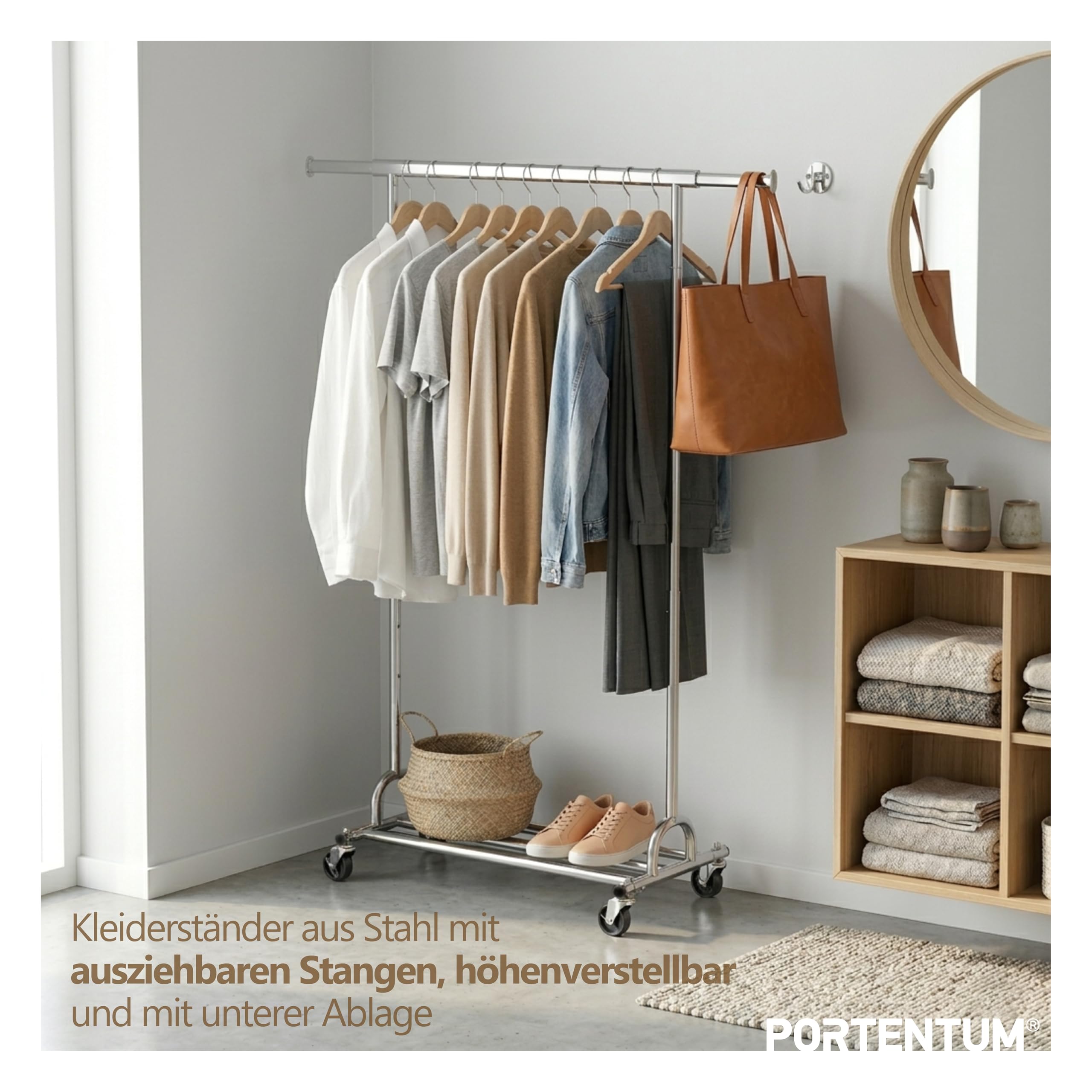 PORTENTUM Kleiderständer stabil aus Stahl höhenverstellbar mit Rollen und Bremsen – Höhenverstellbar zwischen 149 und 174 cm – Bis 180 kg Traglast – Kleiderstange rollen Stahl 45 x (92–132) cm Breite