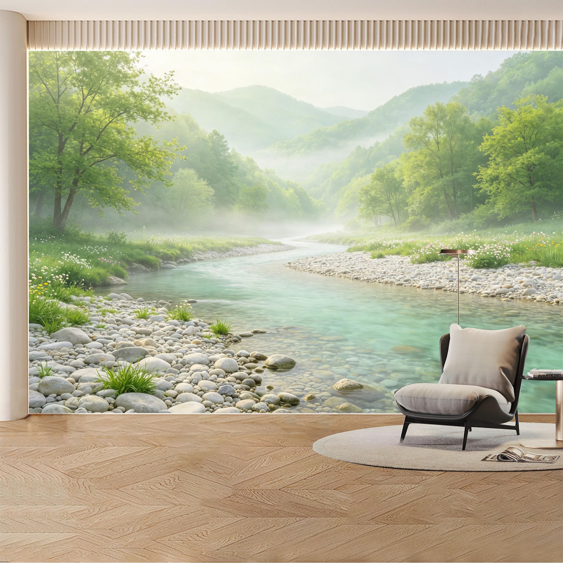 Custom Wall Mural Wallpaper Mountain River Landscape Nature Wall Decor Misty Nordic Removable SelfAdhesive Large Photo for Living Room， Bedroom， Office