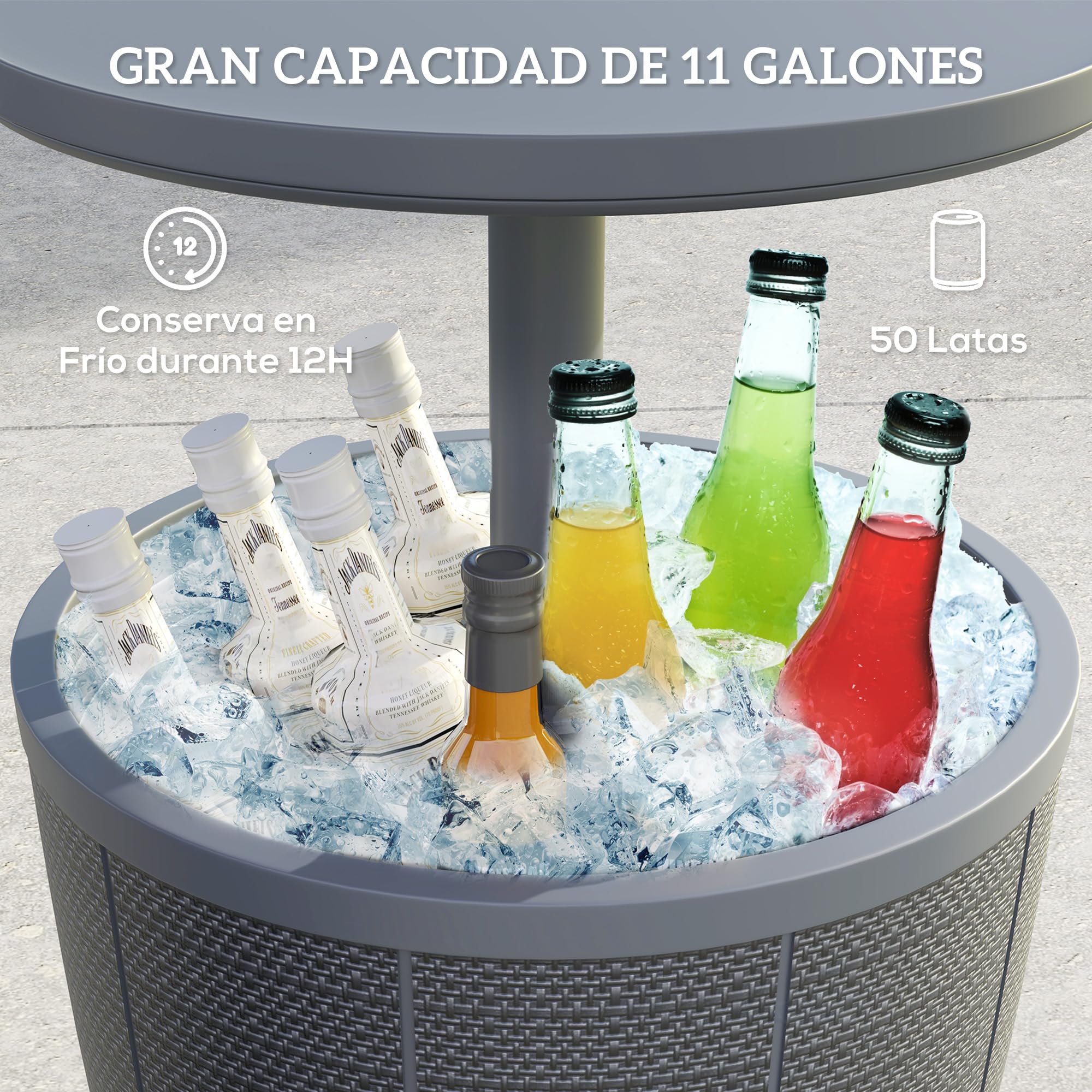 Outsunny Mesa Nevera para Exterior 41 L 3 en 1 Piscina 58-84 cm Gris | Mesa Auxiliar Exterior, Altura Ajustable, Cubo de Hielo, Tapa Superior Elevable, Fiesta, Piscina, Jardín, Patio