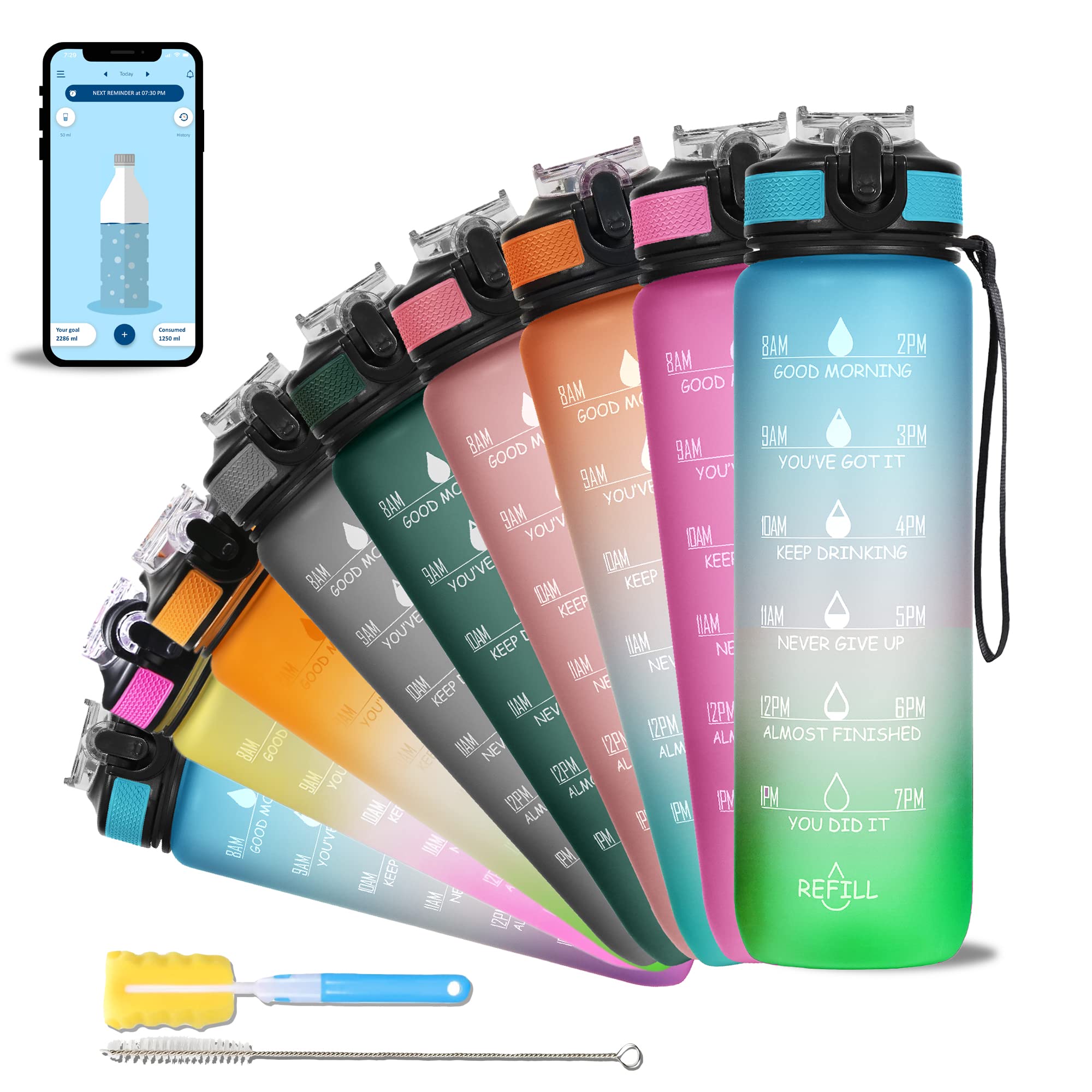 SOLARA Sipper Water Bottle 1 Ltr with Motivational Time Marker, Leakproof Durable BPA Free Non-Toxic Tritan Water bottle for Adults, Gym, Kids School, Gifts and Office, Green Surfer