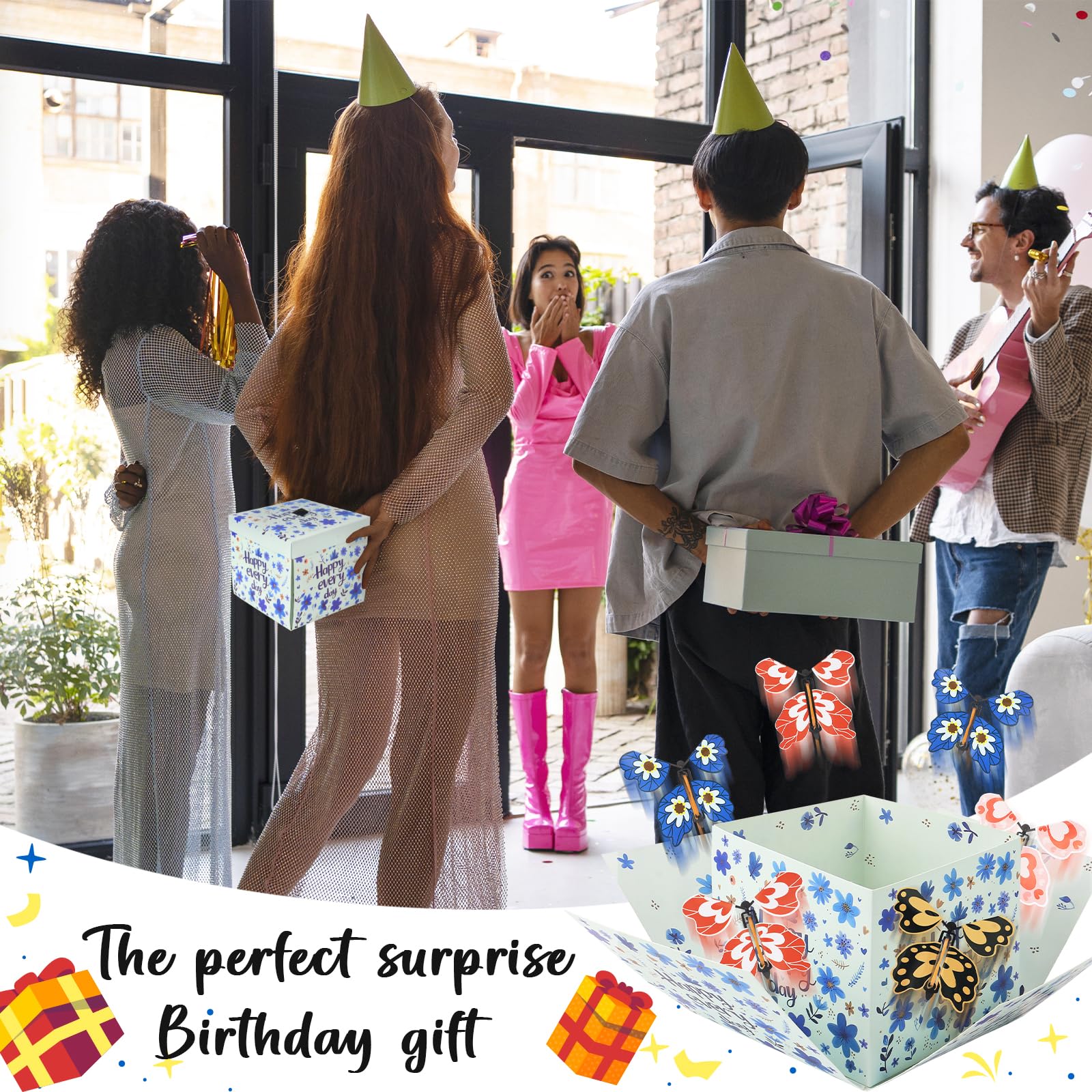 Flying Butterfly Explosion Gift Box with 6 Pcs Flying Butterflies, Surprise Birthday Gift Box with Butterfly, Surprise Cake Boxes for Birthday, Anniversary, Wedding,Graduation Special Occasions Blue