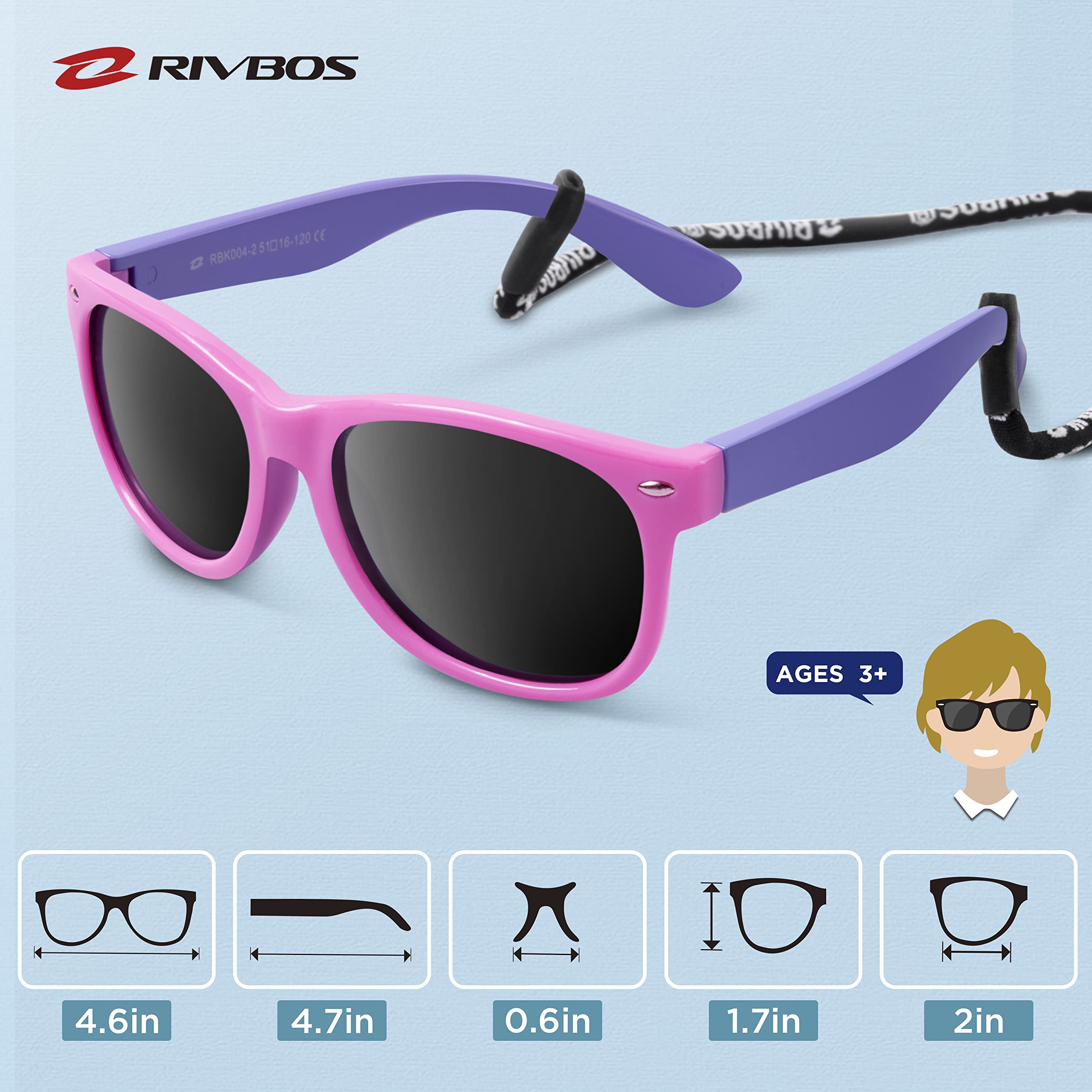 RIVBOS Kids Sunglasses Polarized Rubber UV Protection with Glasses Strap for Boys Girls Baby and Children Age 3-10 RBK004-2 — view 5