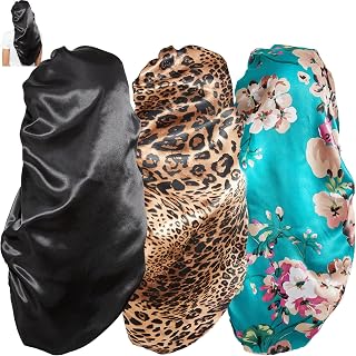 Soft Elastic Band Satin Bonnets for Women, 3 Pcs Silky Head Scarf Hair Wrap for Sleeping Curly Natural Long Hair by Wbfwbb (3 Pcs-Black + Leopard + Flower D)