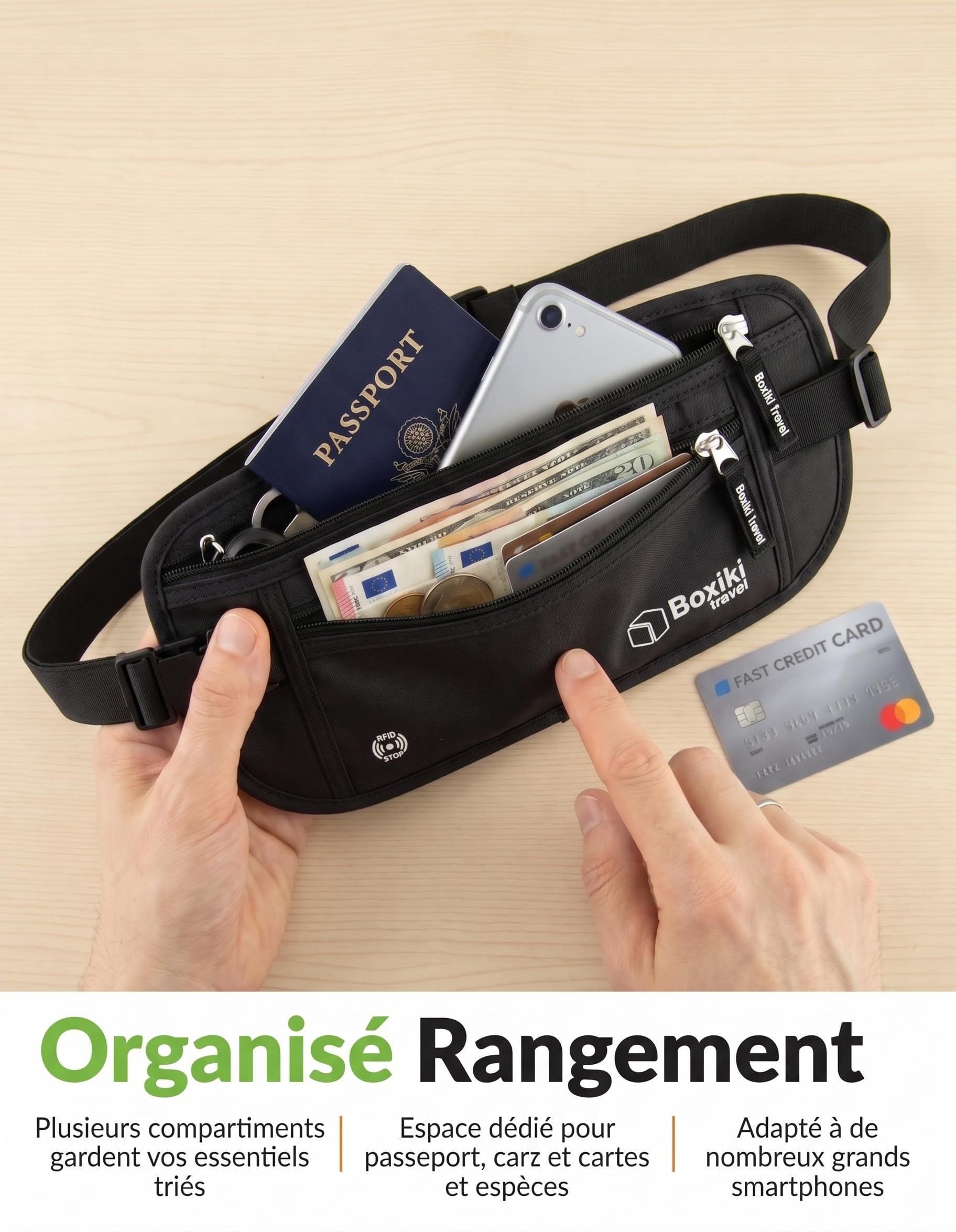 Boxiki Travel Ceinture d'argent dissimulée pour hommes et femmes - Sac de taille RFID bloquant pour passeport, portefeuille et téléphone - Sécurisé et fiable pour les voyages