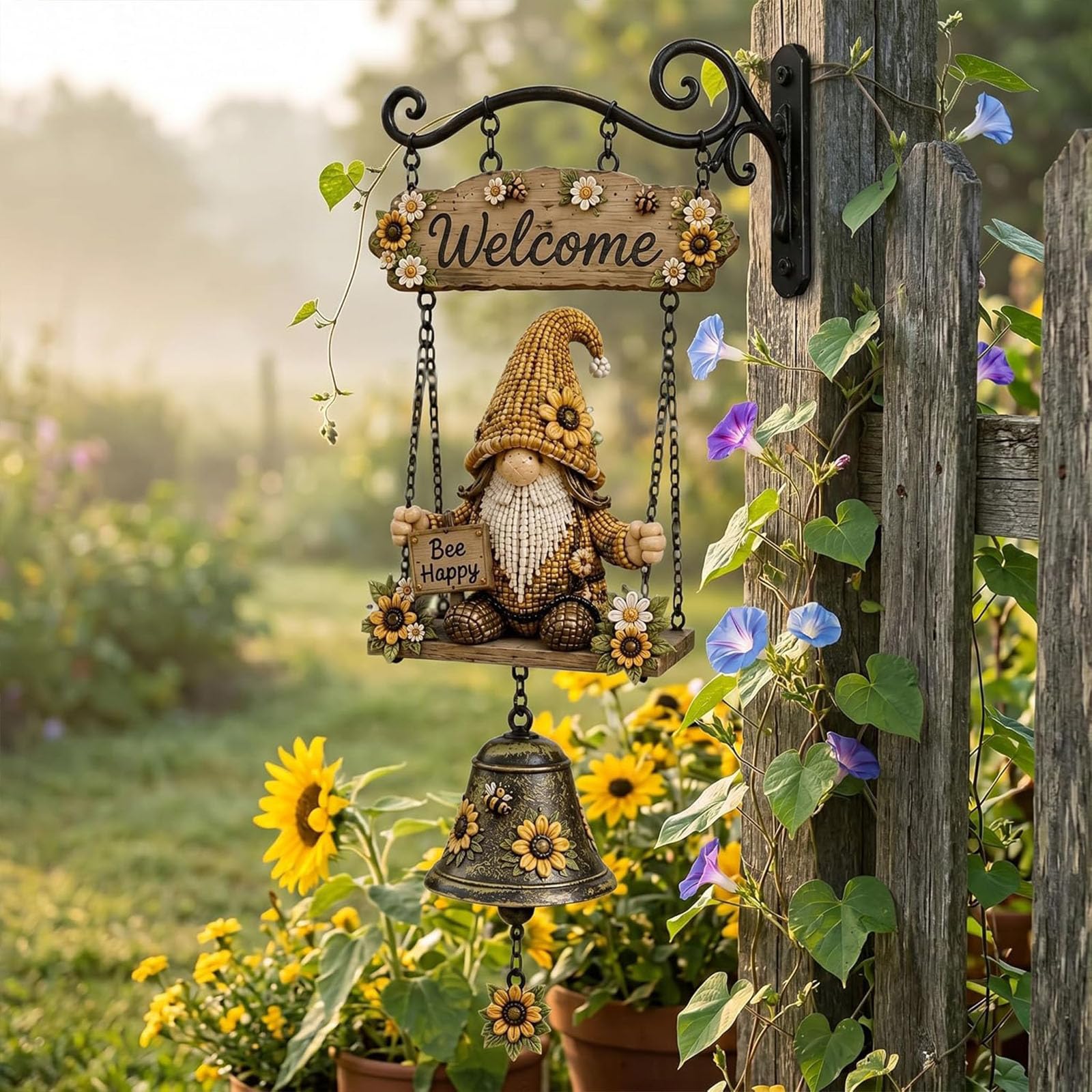 Gnomo Rustico Campana da Appendere, Gnomo Ape Girasole Campana di Benvenuto Decorazione da Appendere alla Parete, Gnomi Fatti a Mano in Fattoria, Campana a Vento, con Caloroso Saluto (#a)