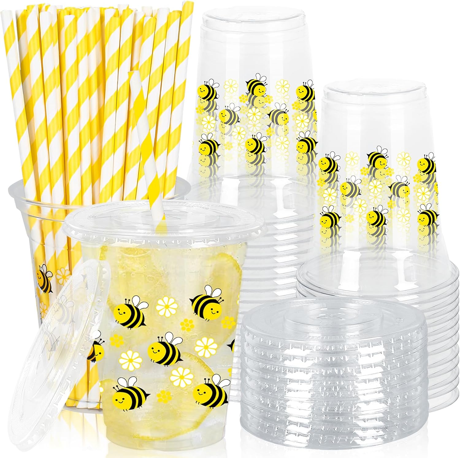 FYSUIMU 50Pcs 12Oz Floral Bee Plastic Cups with Lids & Straws Disposable Clear Drinking Cups for Summer Birthday Baby Shower Party Supplies