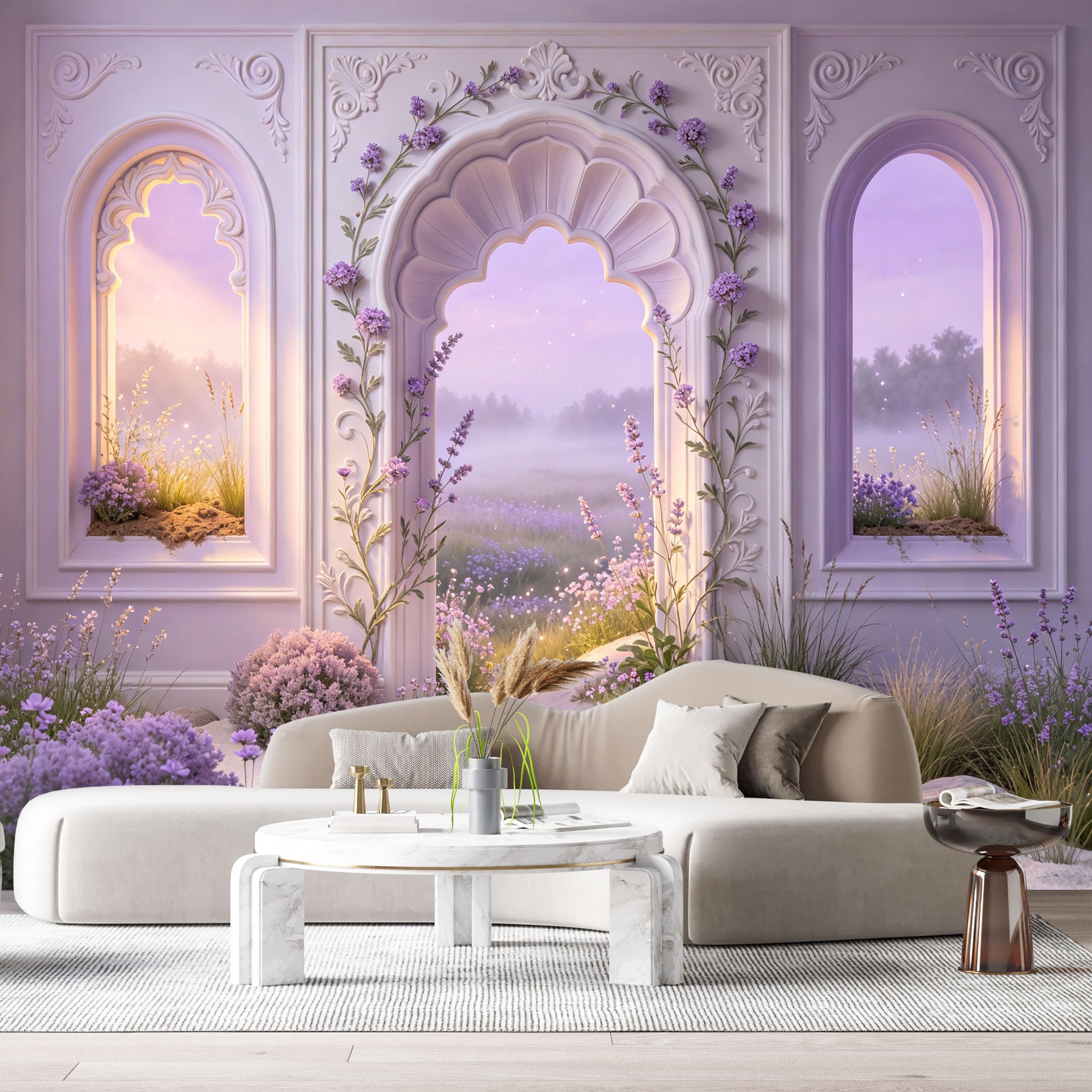 Custom Size Wall Murals Lavender Garden Landscape Floral Archway 3D Trompe L'Oeil SelfAdhesiveWall Fabric Removable Wallpaper Wall Decor for Living Room Bedroom Bathroom
