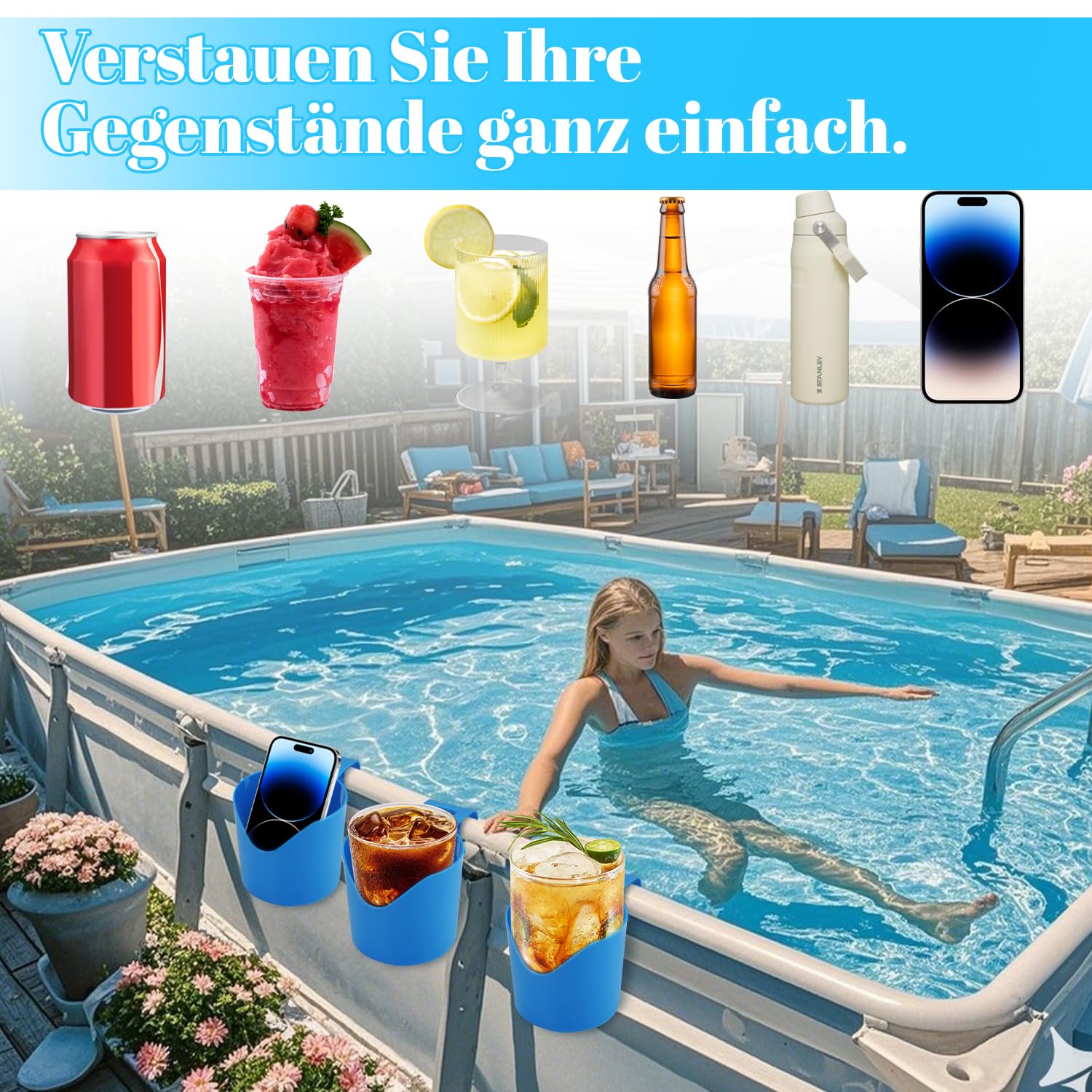 4 Stück Pool Getränkehalter für Poolrand, Pool Zubehör für Getränke, Poolrand Halter, Becherhalter Pool, Hängehalter für Schwimmbäder,Pool Gadgets,Pool Tisch,für Bier,Glas,Cocktailglas, Handy
