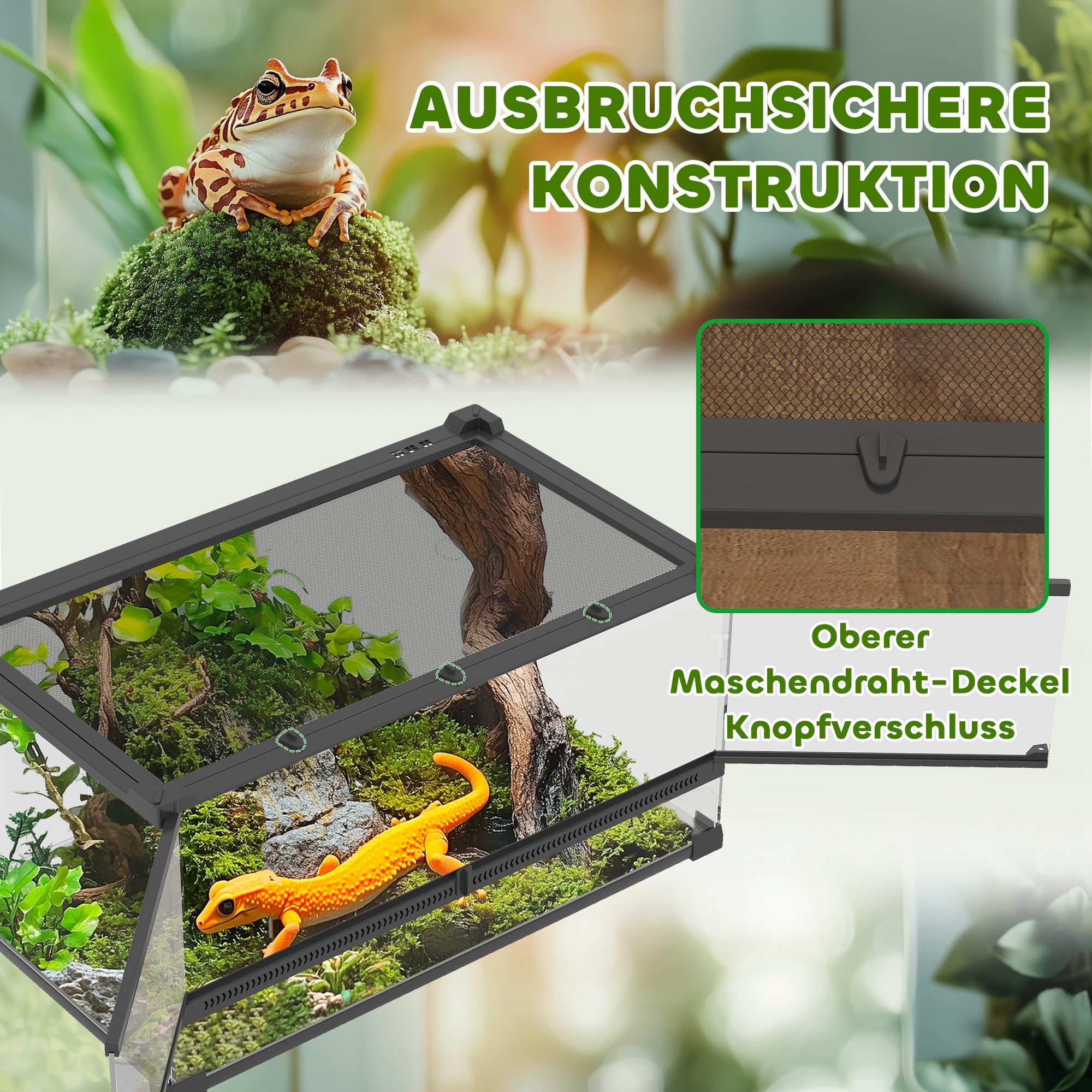 PawHut Terrarium dla gadów, szklane sterrarium 34 l, pudełko na karmienie gadów, z przednią wentylacją, odporne na wybicie zamknięcie obrotowe dla pająków, czarne, 50 x 30 x 25 cm
