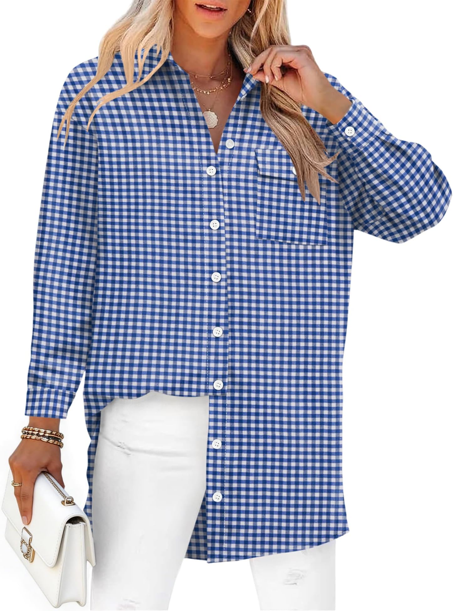 Button Down Shirts for Women Long Sleeve Collared Work Blouse Fashion Oversized Office Shirts with Pocket