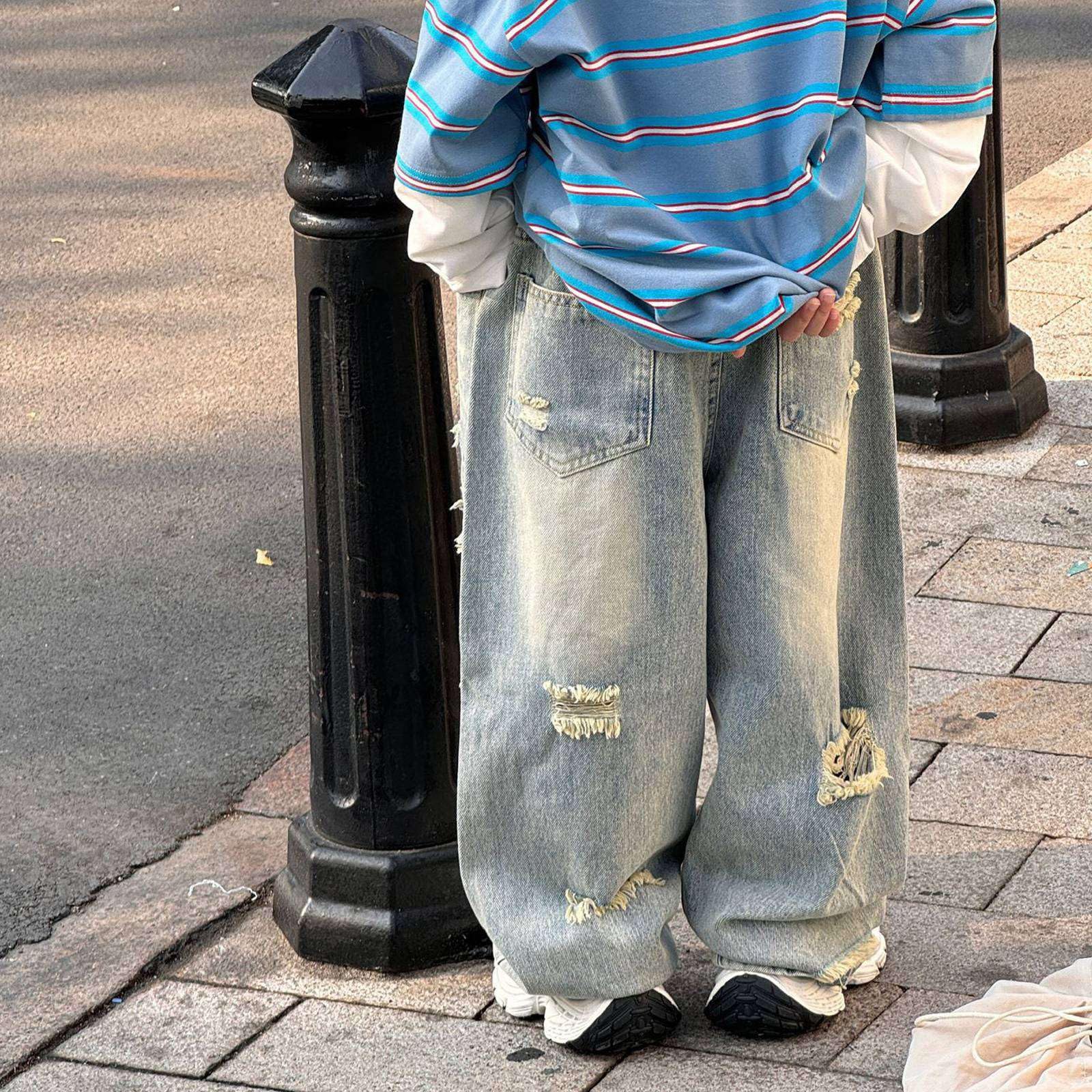 Generico Jeans Baggy Ragazzo-Jeans per Bambini, Pantaloni in Denim Strappati, Stile Casual, da Strada, Stile, con Dettagli Strappati, Comodi Pantaloni Lunghi Elasticizzati per l'uso Quotidiano
