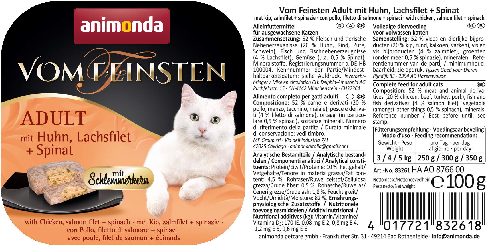 animonda vom Feinsten mit Schlemmerkern in Huhn & Lachsfilet + Spinat (32 x 100g), getreidefreies Katzenfutter nass ohne Zucker, mit frischen, fleischigen Zutaten