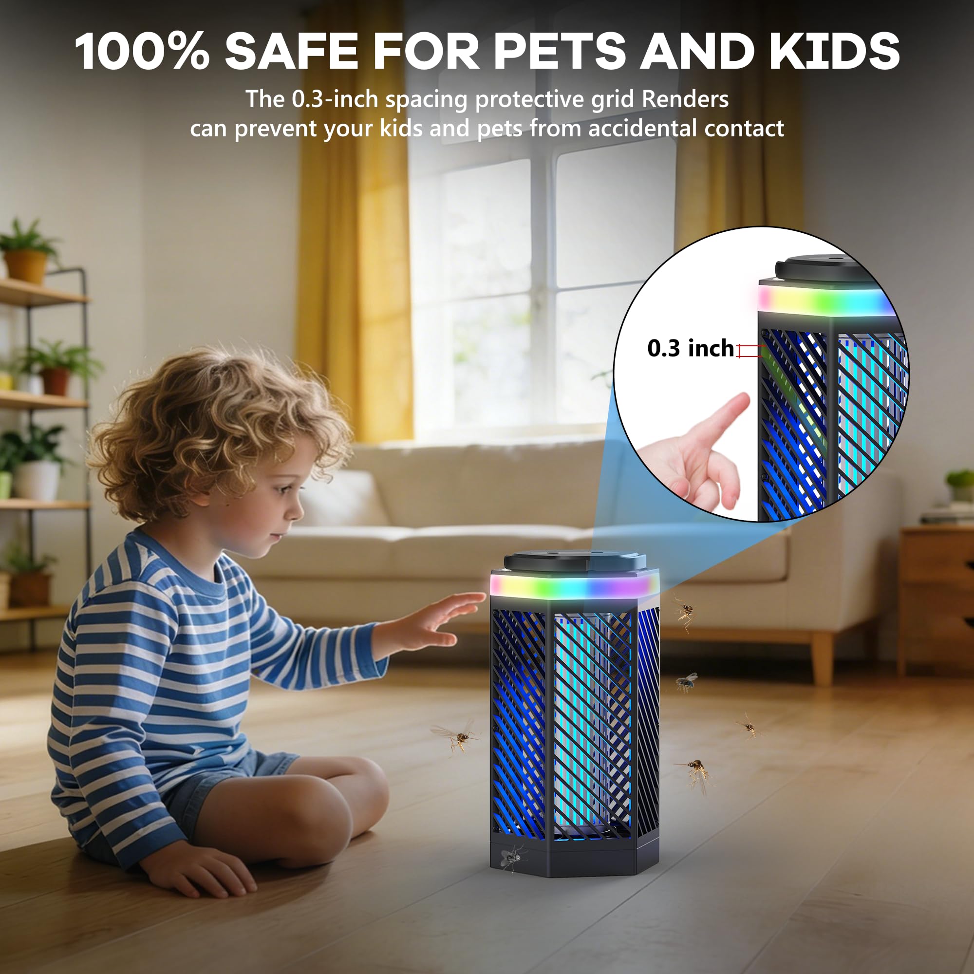 Bug Zapper con 4 niveles de luz ambiental, luz de modo dual (morado/blanco), batería de 8000 mAh, cubre 2100 m², seguro para niños y mascotas, repelente de mosquitos para interior y exterior