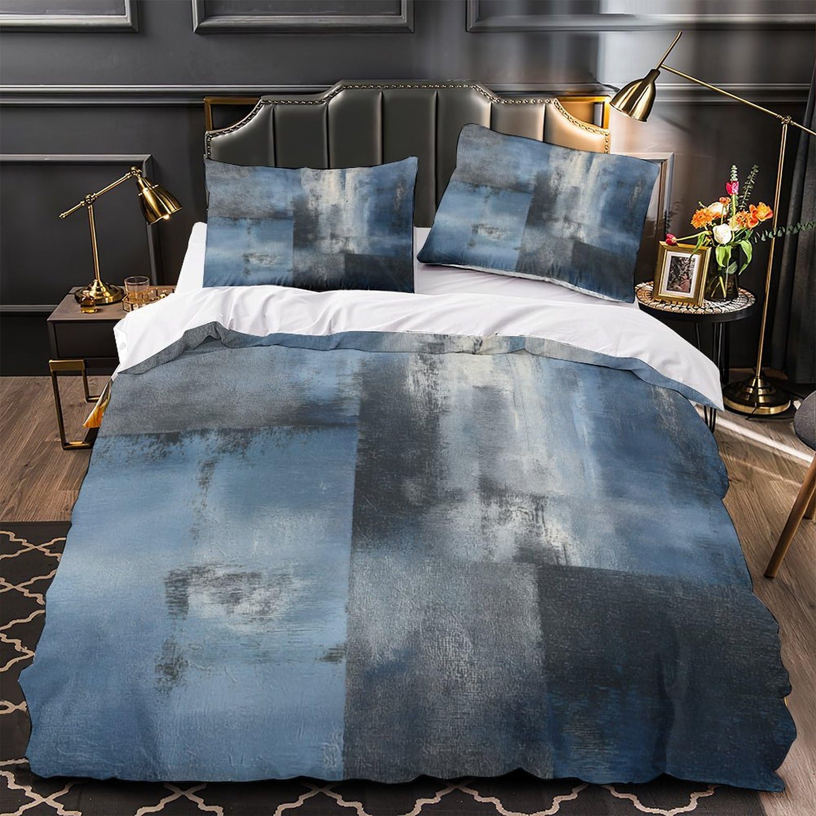 Housse de couette 220x240 bleu abstrait 3D avec parure de lit microfibre et 2 taies
