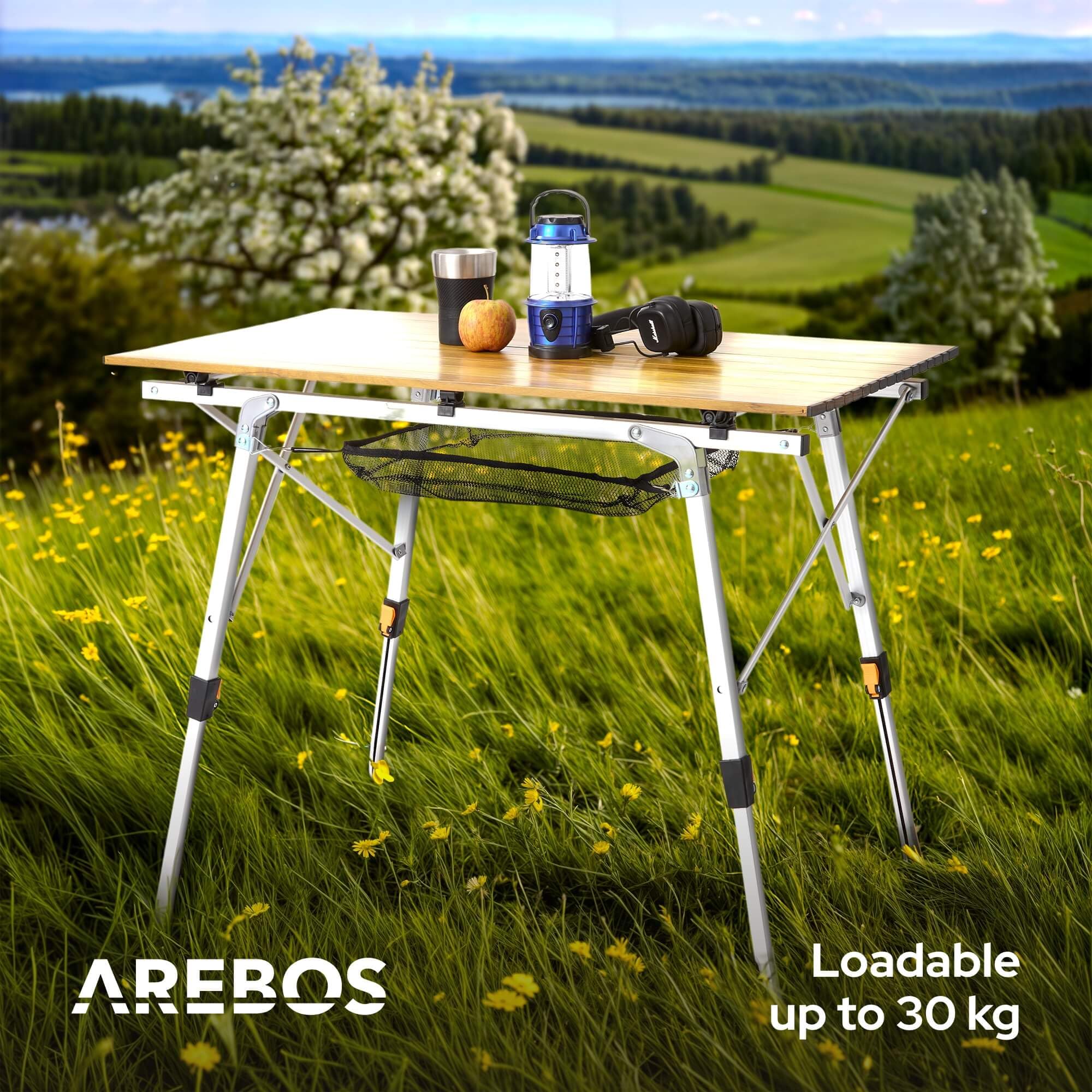 Arebos Mesa de Camping Plegable 120 x 70 cm, Altura Regulable (58-78 cm), Accesorios para Camping, Jardín, Barbacoa, Picnic, Incluye Bolsa de Transporte | Marrón