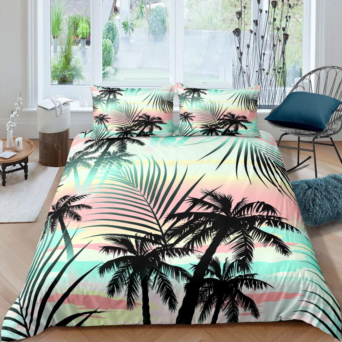 Loussiesd Coconut Palm Tree Bedding Set Hawaii Comforter Cover Rainbow Duvet Cover Tropical Leave Decor Quilt Cover For Kids Boys Girls Teens 1 Duvet Cover With 2 Pillow Cases Double Size