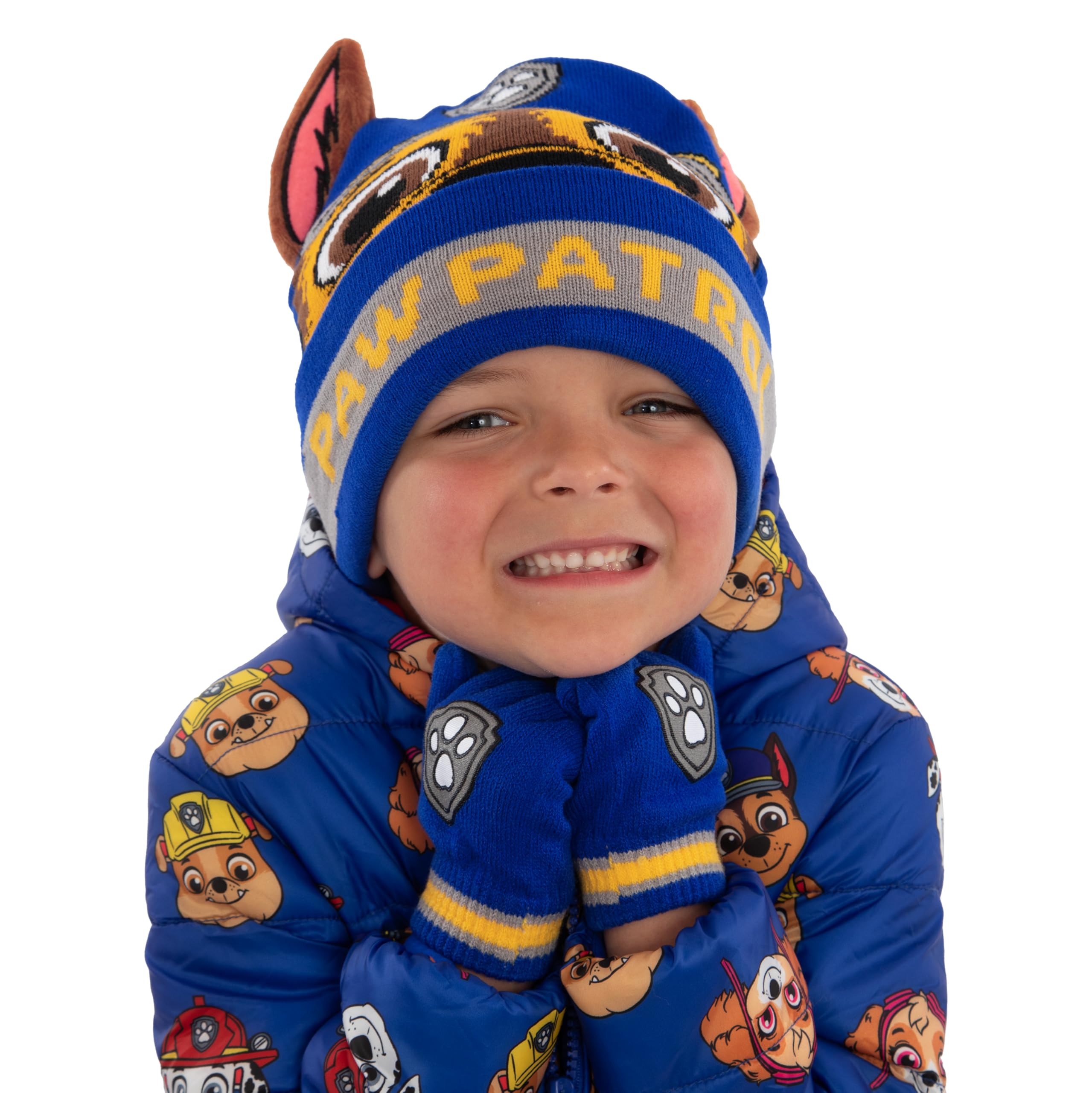 Paw Patrol Conjunto De Gorro Y Guantes Para Niños, Conjunto De Gorro Y Guantes Chase Con Orejas 3D, Azul, Talla Única