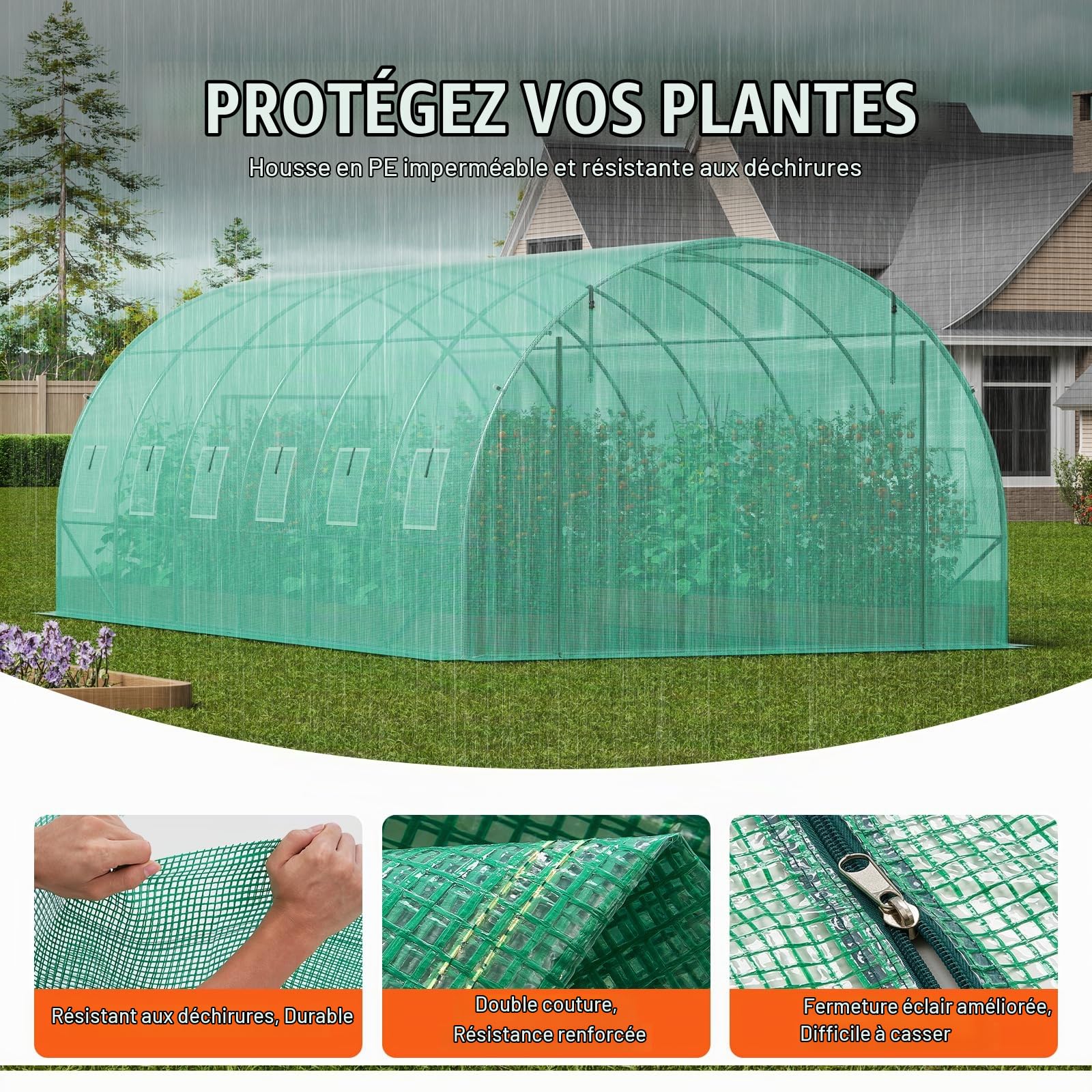 VEVOR Serre Tunnel Jardin, 590x295x198 cm, Tente Abri Plantes avec Cadre en Acier Galvanisé, Couverture en PE Verte, Porte à Glissière Enroulable, 12 Fenêtres, pour Extérieur Cultiver Légumes Fleurs