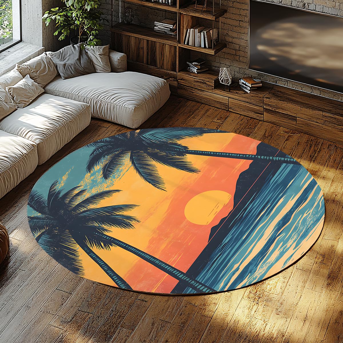 Tapis de porche orange et teal lavable grand format 135cm pour salon et entrée intérieure