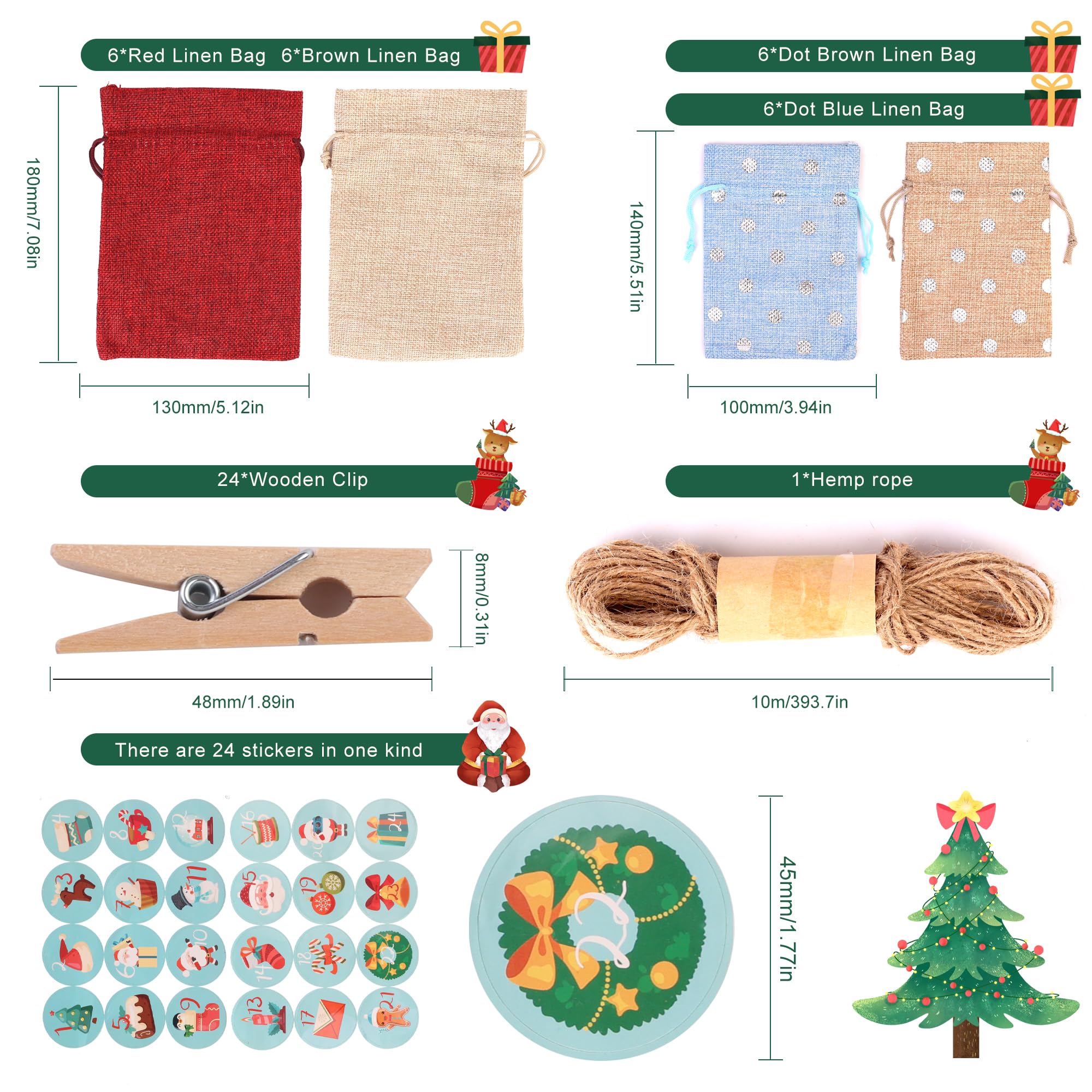 Calendario Avvento Fai Da Te 2024 - 24 Sacchetti In Lino Con Adesivi, Clip E Corda, Perfetto Per Natale - Foto 7