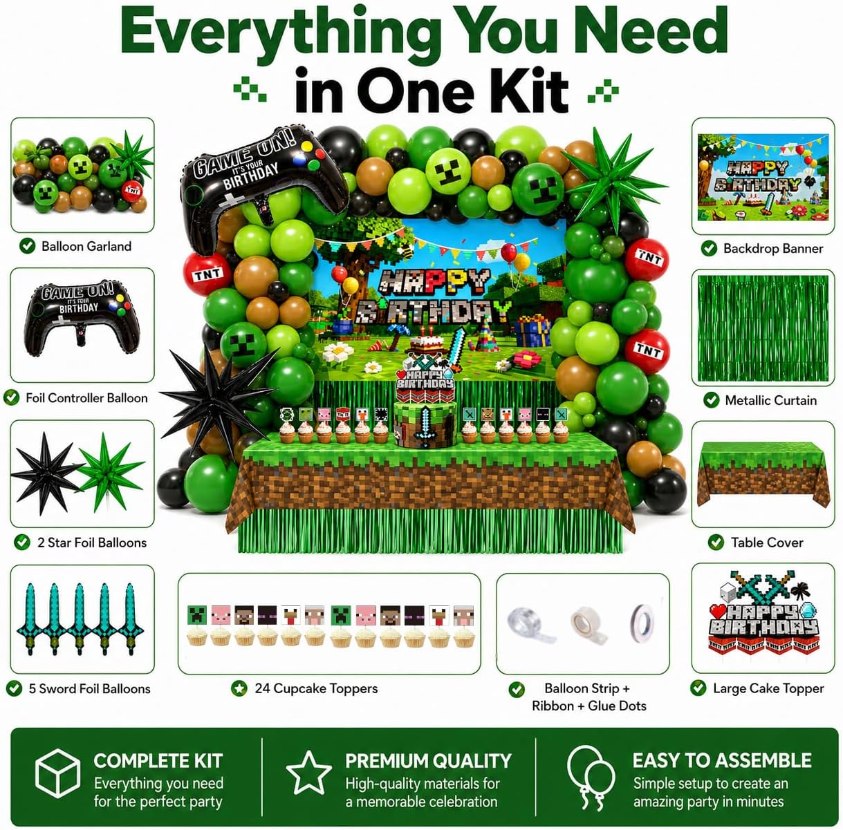 Pixel Game Birthday Party Decorations, “Game On” Pixel Theme Party Supplies Kit for Boys & Girls —131 Pcs Balloons, Backdrop, Curtain, Table Cover, Cake Toppers