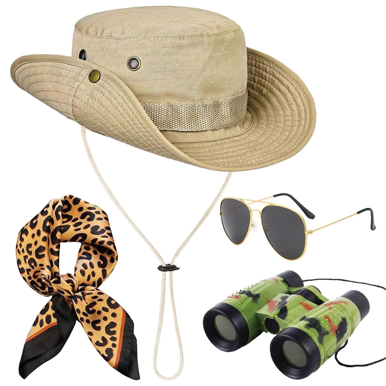 YcsRnn 4 PCS Safari Costume Accessories Set, Fancy Dress for Adults, Zookeeper Costume With Safari Hat, Leopard Print Scarf, Sunglasses and Binoculars for Halloween Cosplay, Outdoor Adventures