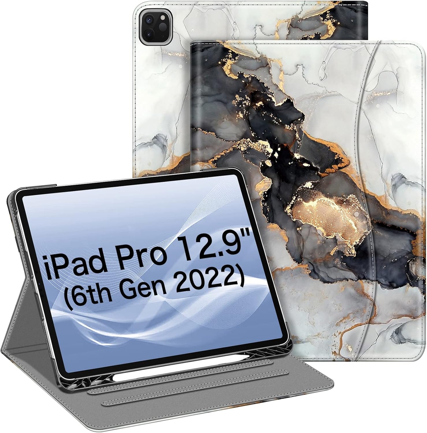 Fintie Folio Case for iPad Pro 12.9" 6th Generation 2022, Multi-Angle Smart Stand Cover w/Pencil Holder & Pocket, Also Fit iPad Pro 12.9 2021 5th & 2020 4th & 2018 3rd Gen, Cloudy Marble