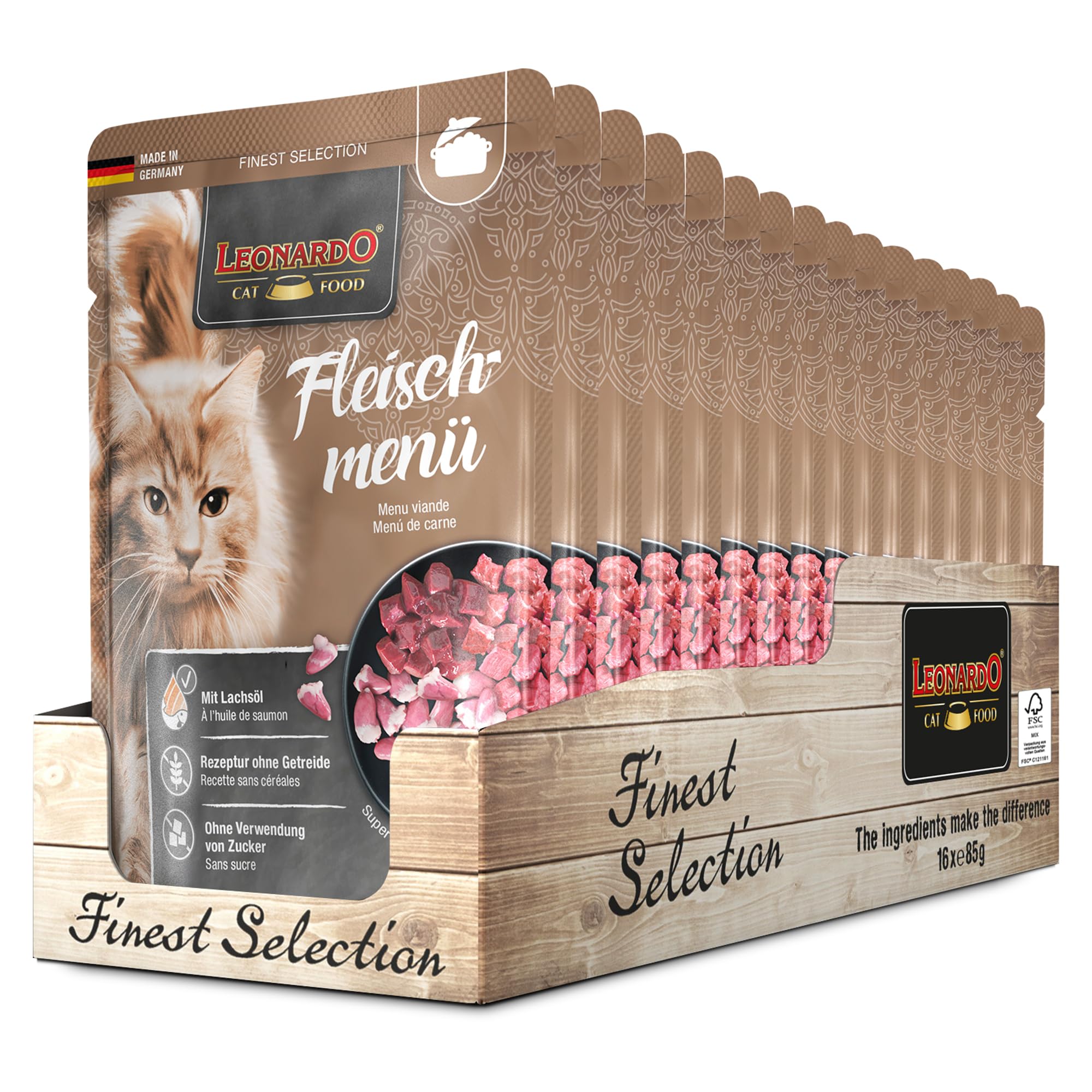 LEONARDO Frischebeutel [16x85g Fleischmenü] | Getreidefreies Nassfutter für Katzen | Feuchtfutter Alleinfutter im Einzelportionsbeutel