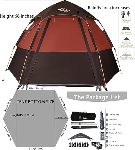 Vista 9 de Tienda de campaña Toogh con configuración instantánea, tienda impermeable para 2/3 personas, fácil y rápida de montar en 60 segundos con toldo