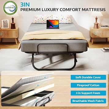 SADENICEL Folding Bed Portable Foldable Roll Away Bed, 75 x 31 | Fold Up Bed, Wheels, Memory Foam Mattress, Metal Frame, Space Saving