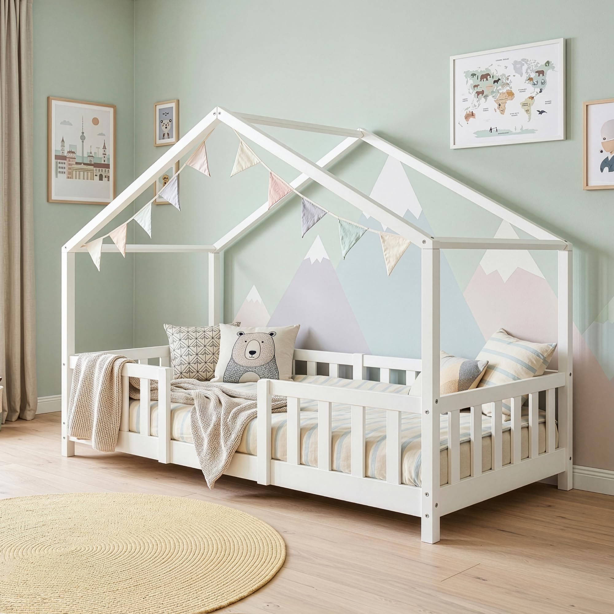 [en.casa] Kinderbett Treviolo 90x200 cm Weiß | Hausbett, Montessori, Holzbett für Kinder, Bettgestell mit Lattenrost, Kiefernholz