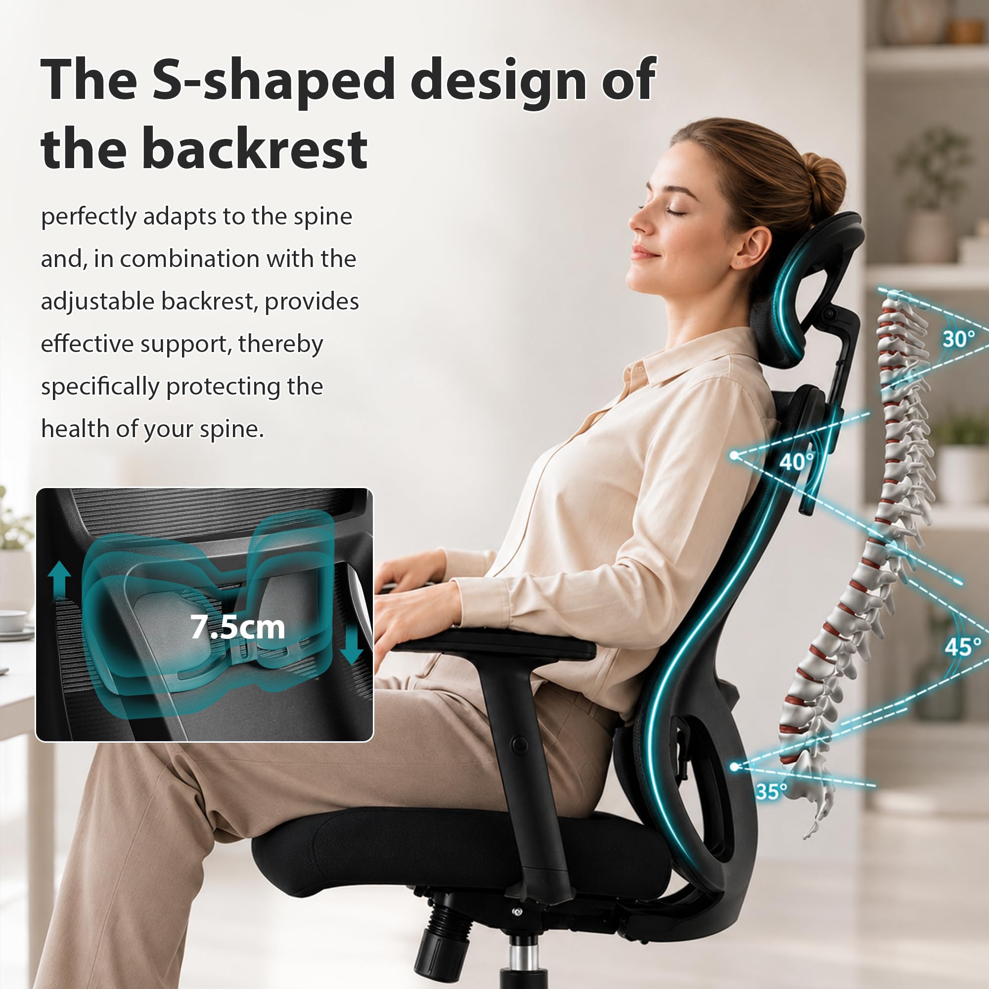 Durrafy Silla de Oficina Ergonómica con Reposacabezas Ajustable, Reposabrazos, Soporte Lumbar, Altura Regulable y Oscilación de 130°, Silla de Escritorio con Capacidad de Carga de 150 kg