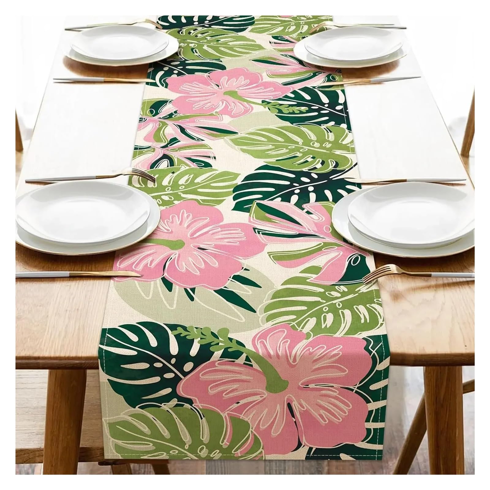 Table Runner Table Runner Summer Palm Leaf Linen Holiday Party Decor Farmhouse Kitchen Dining Runners Wedding Decorations(04,150x33cm 59x13inch)