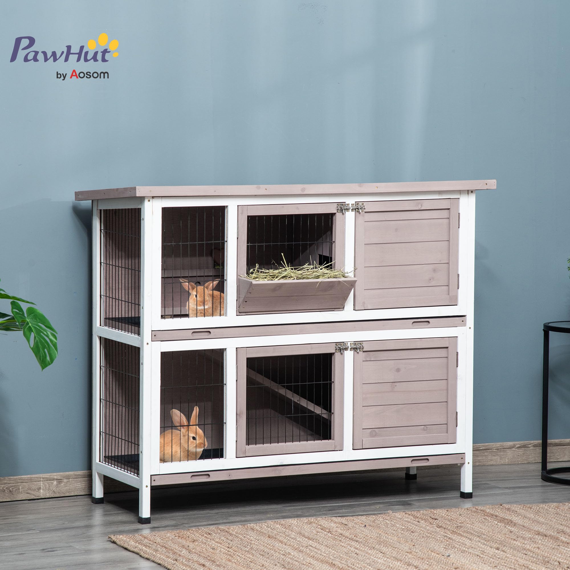 PawHut, Conigliera in Legno a 2 Livelli 122x50x101 cm Grigio Marrone | per Esterno e Interno, Gabbia per 1-2 Conigli, Tetto Apribile, Mangiatoia, Vassoi Removibili, Rampa, Porte con Chiusura