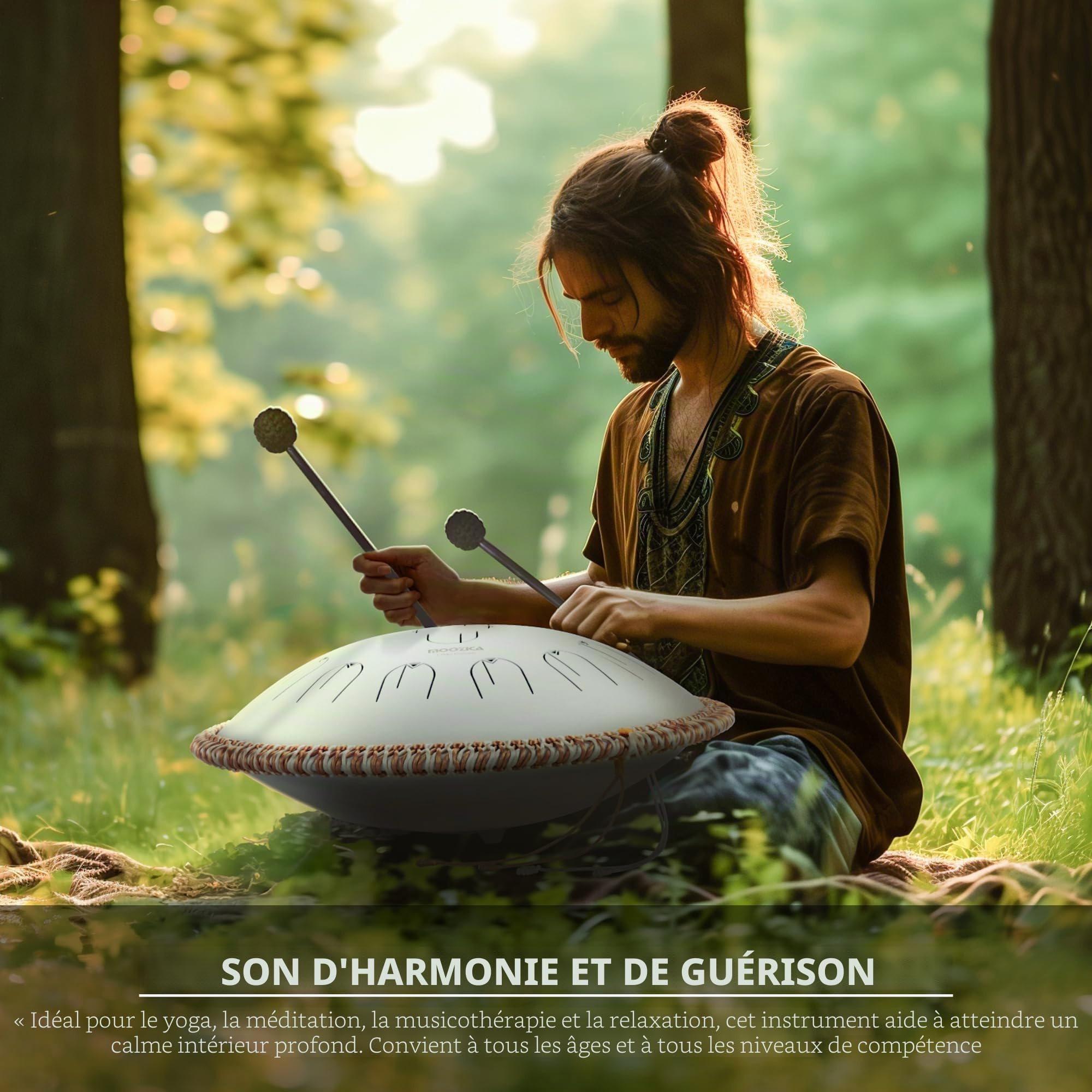 MOOZICA Tambour de langue à main en acier de 15 pouces - 15 notes en do majeur 432 Hz avec conception d'harmoniques d'octave - Instrument de tambour de langue à percussion professionnel