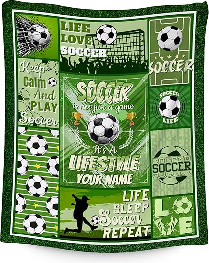 Custom Soccer Blanket - 40x50 Inches Sports Throw Blanket for Boys Kids - Green Soft Fuzzy Blankets for Couch, Sofa & Office