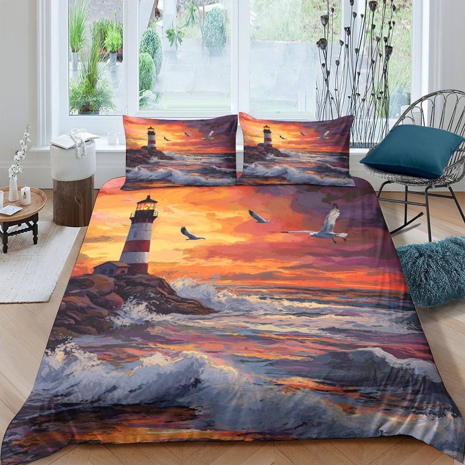 Ctjqhvkz Style-10 3D Printed Sunset Lighthouse Fitted Sheet Microfiber Ocean Waves Mattress Cover For Bedroom Guest Room Decor Easy Care Single（135X200cm）