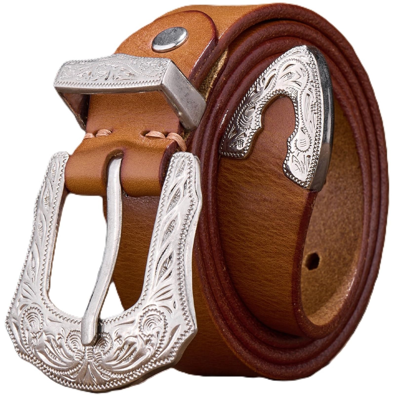 AGUTALITHIC Full Grain Leather Distressed Belt for Men,Carved Floral Silver Buckle,Heavy Duty Strap Daily Wear for Jean Pants(105cm/41, Khaki)