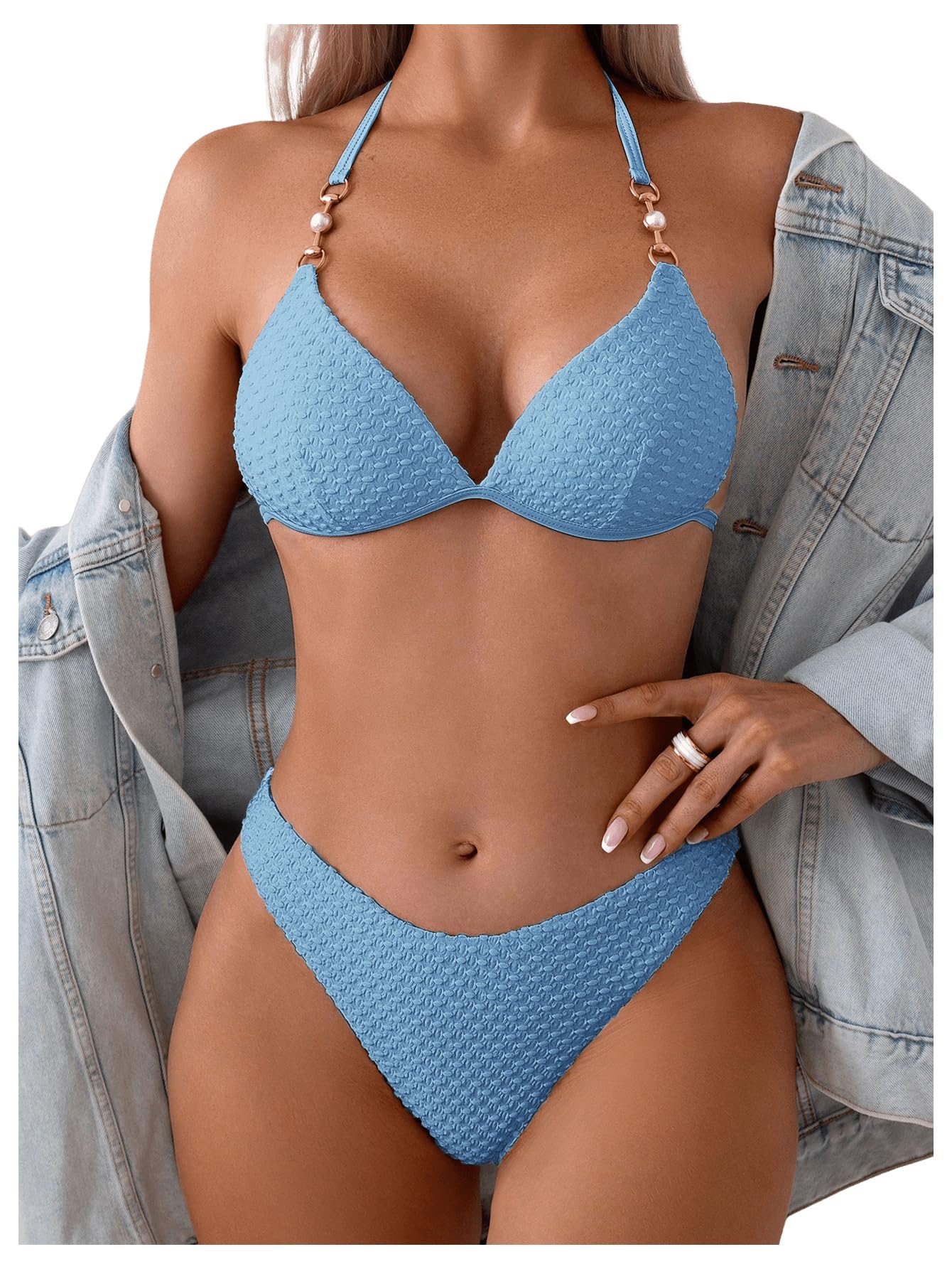 GORGLITTER Bikini Damen Set Mit Ketten Neckholder Bikini Set Triangel Bikini Sexy Zweiteiliger Badeanzug Mit Perlen Bademode Hellblau S