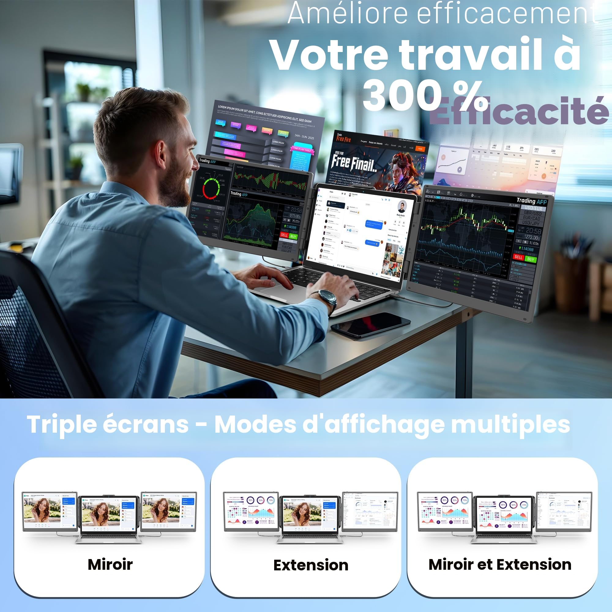 KEFEYA 2K Écran Portable 2160P 2160x1440P QHD, Moniteur Portable 14" Plug & Play Triple Moniteur Ordinateur Portable Rapport Contraste 1500:1 pour Windows, Mac, Chrome, Android avec 13.3 "-17"