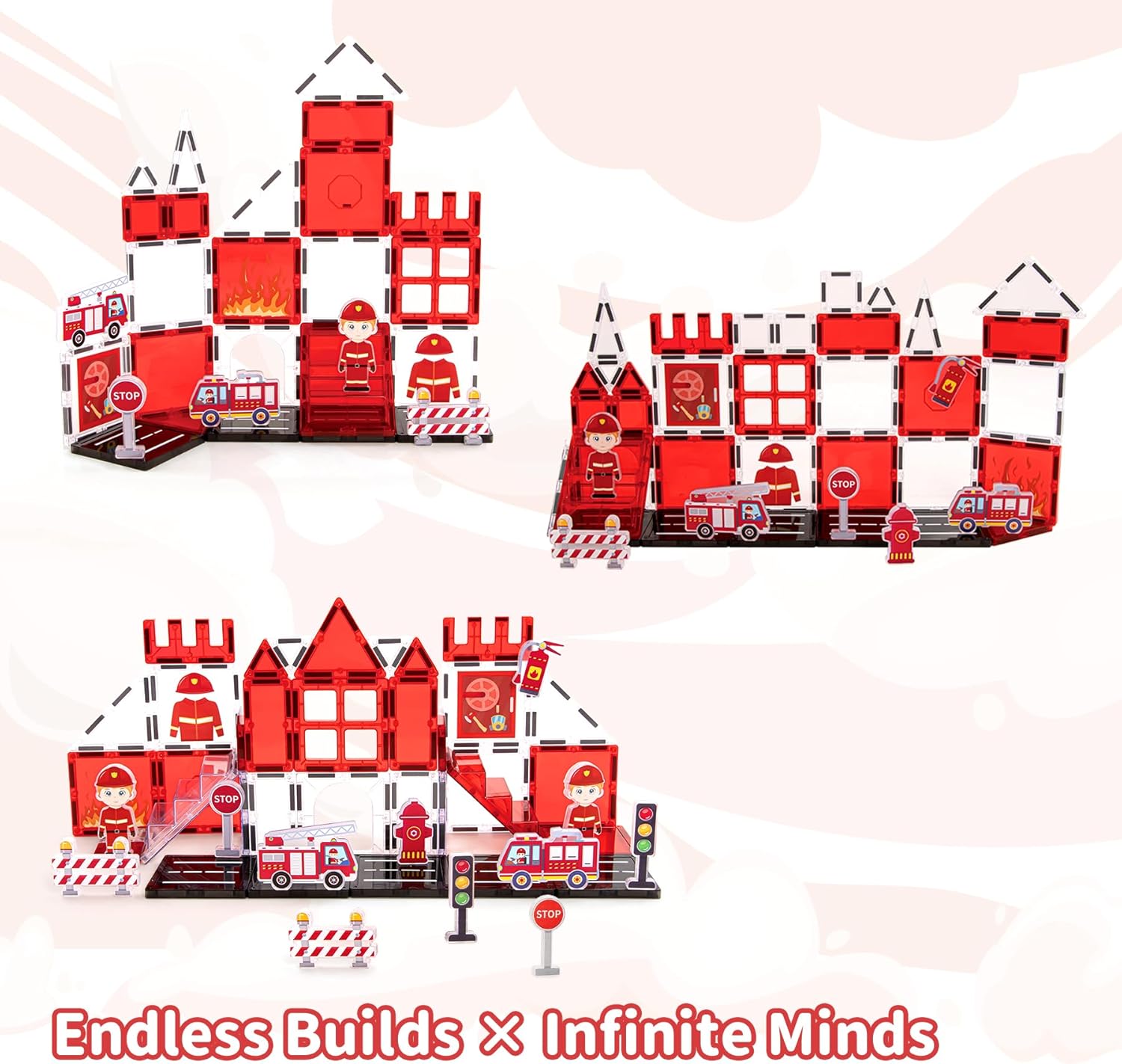 Fire Station Magnetic Tiles, STEM Building Set with Fire Truck, Preschool Learning Firefighter Toy for Ages 3-5,5-8,Birthday Gift for Boys & Girls(48PCS)