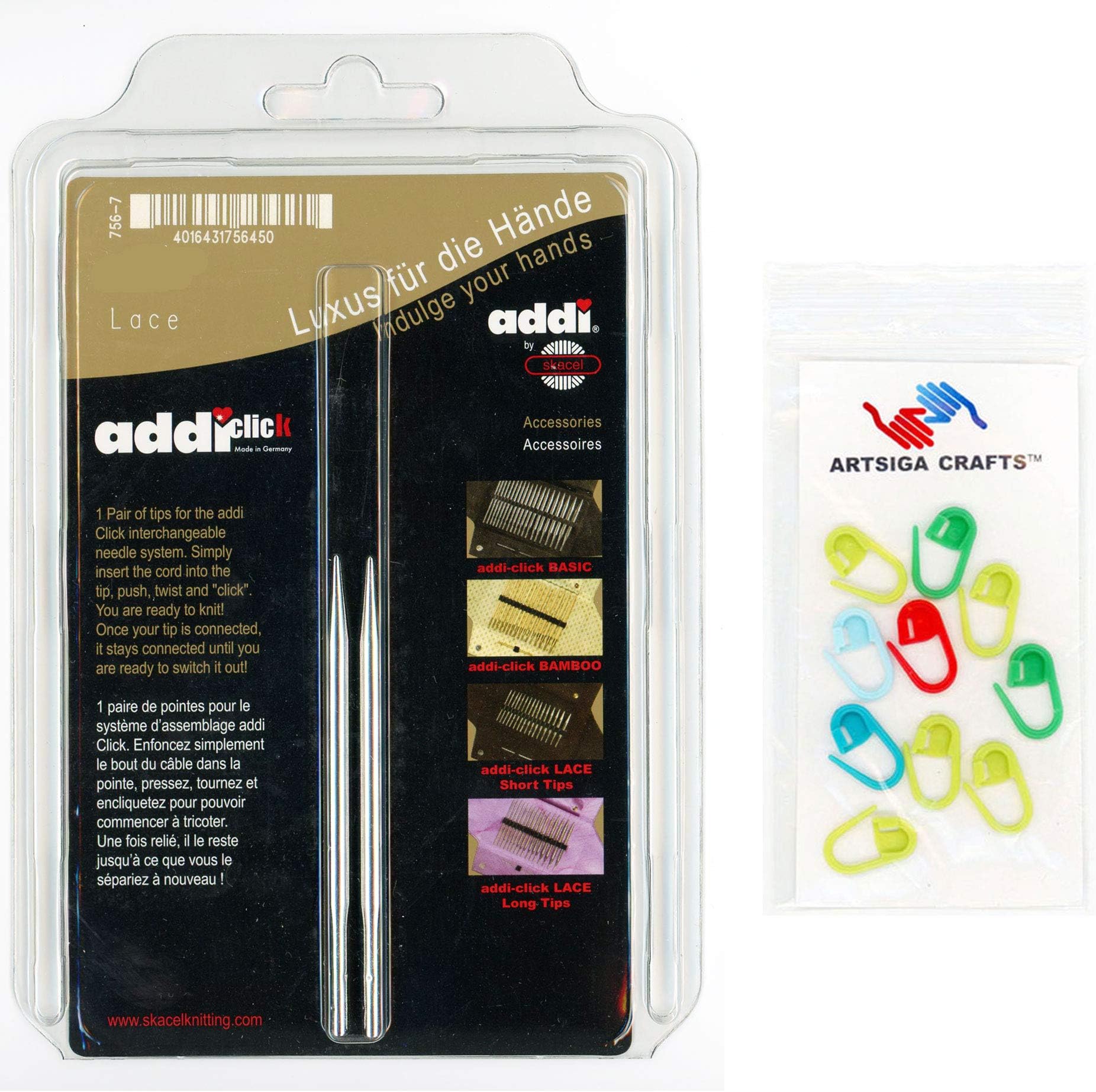 addi Click Rocket Lace Short 3.5 inch (9cm) US 06 (4.0mm) Interchangeable Circular Knitting Needle Tips, Slick & Smooth Finish, Long Taper Sharp Tips Bundle with 10 Artsiga Crafts Stitch Markers